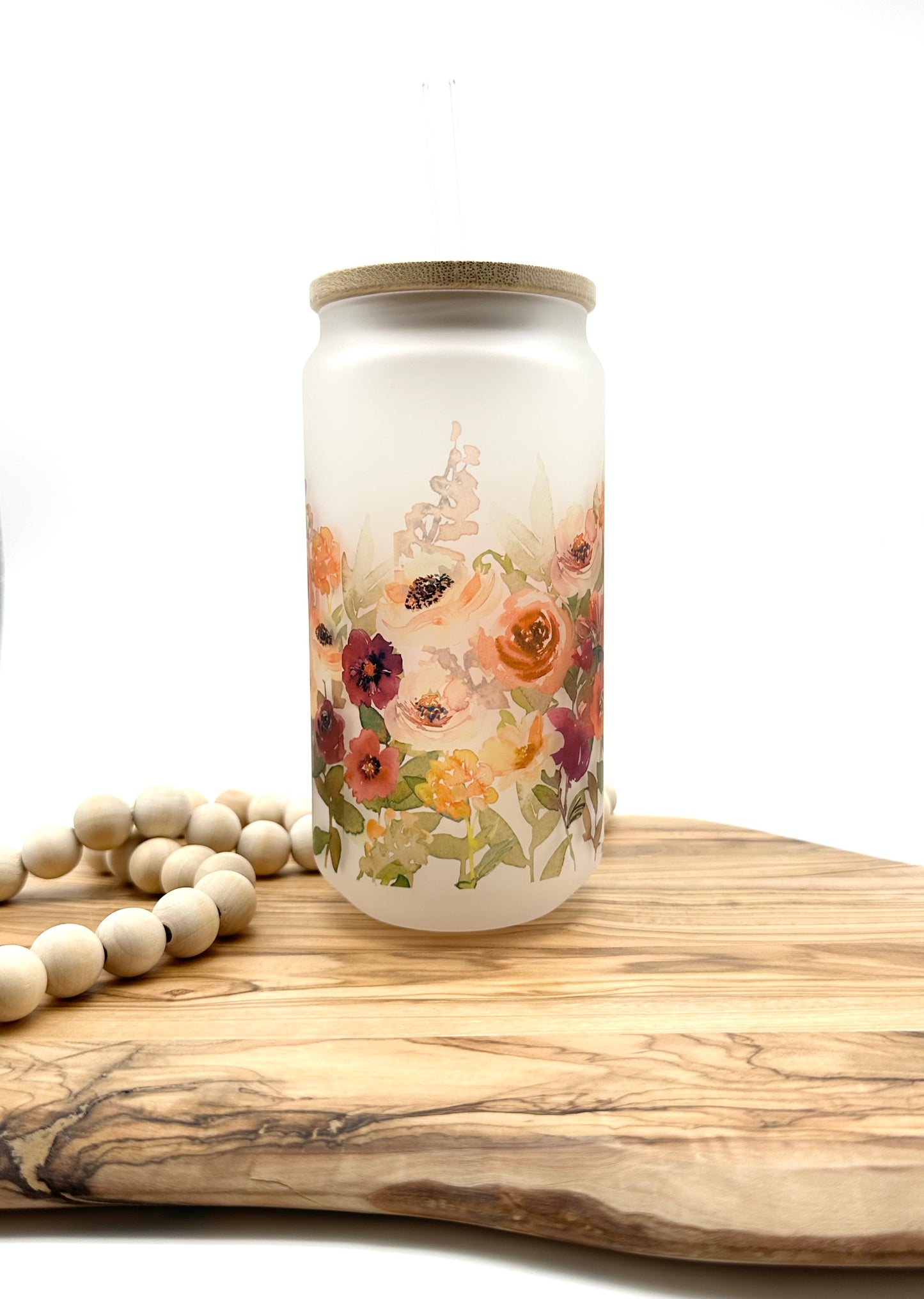 16oz Fall Floral Frosted Glass Can
