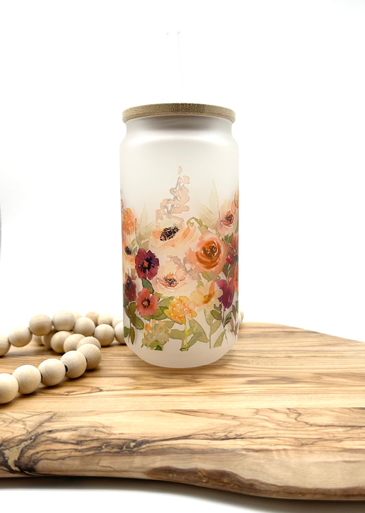 16oz Fall Floral Frosted Glass Can