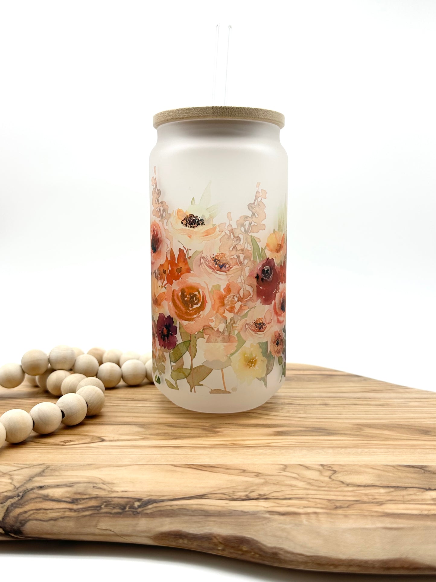 16oz Fall Floral Frosted Glass Can