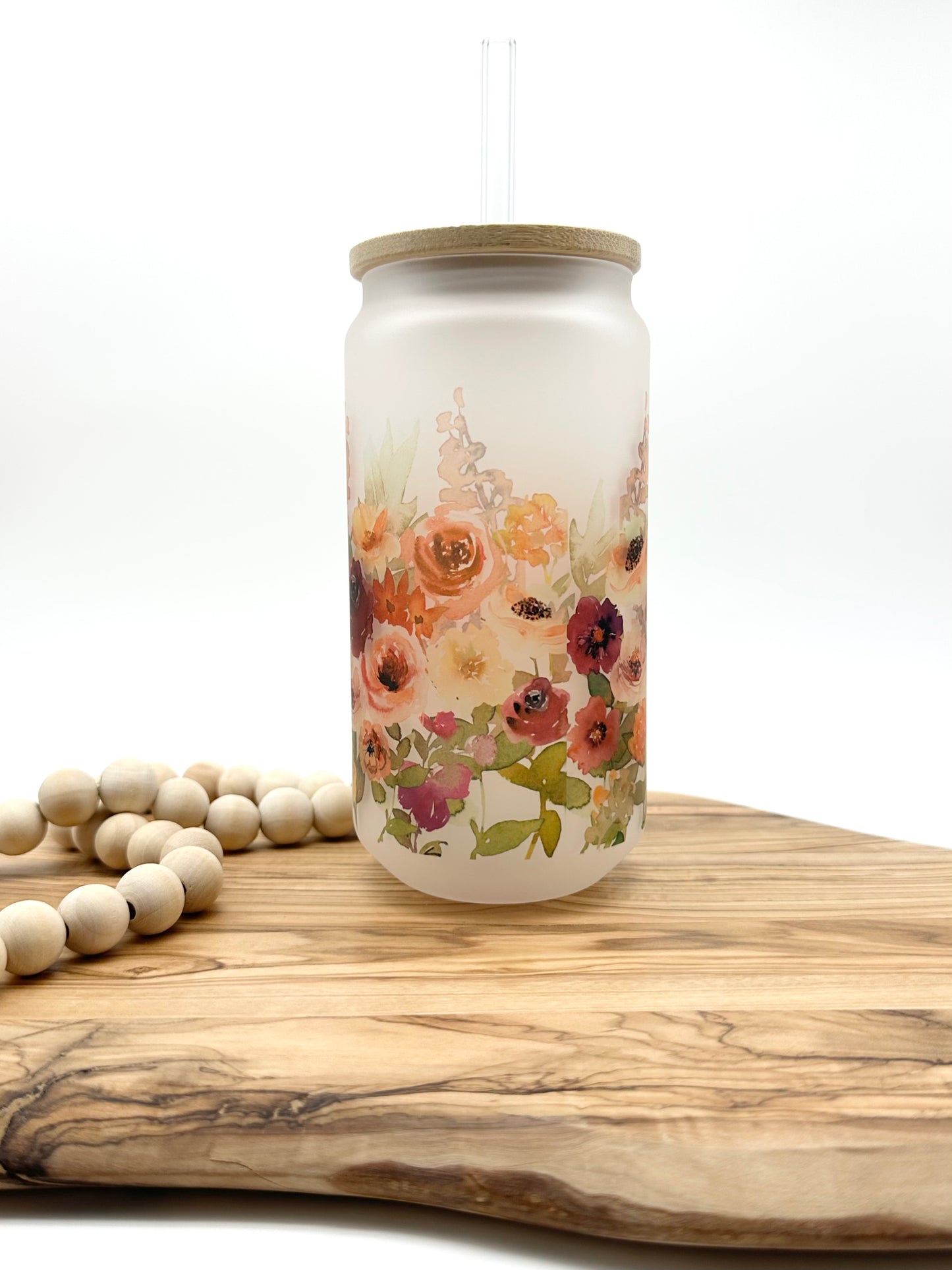 16oz Fall Floral Frosted Glass Can