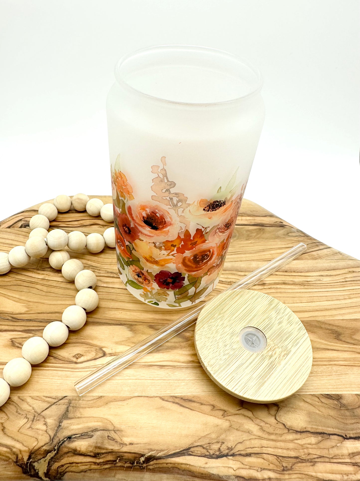 16oz Fall Floral Frosted Glass Can