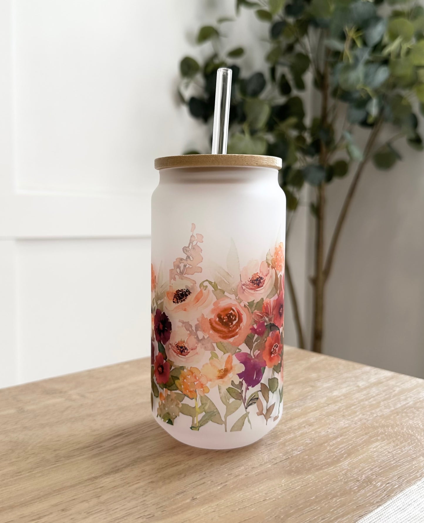 16oz Fall Floral Frosted Glass Can