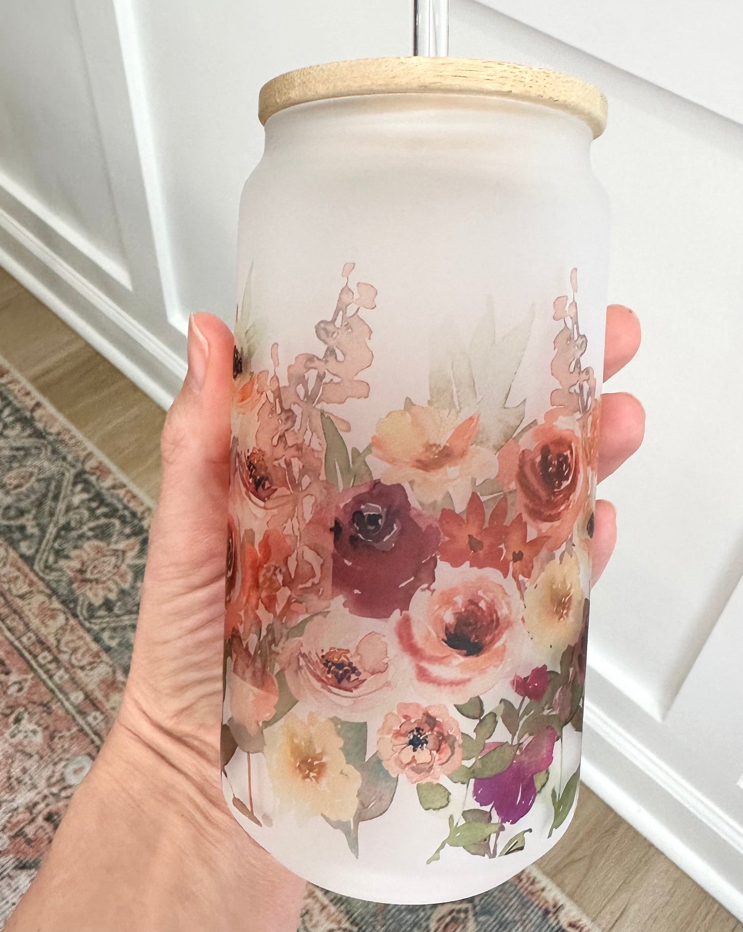 16oz Fall Floral Frosted Glass Can