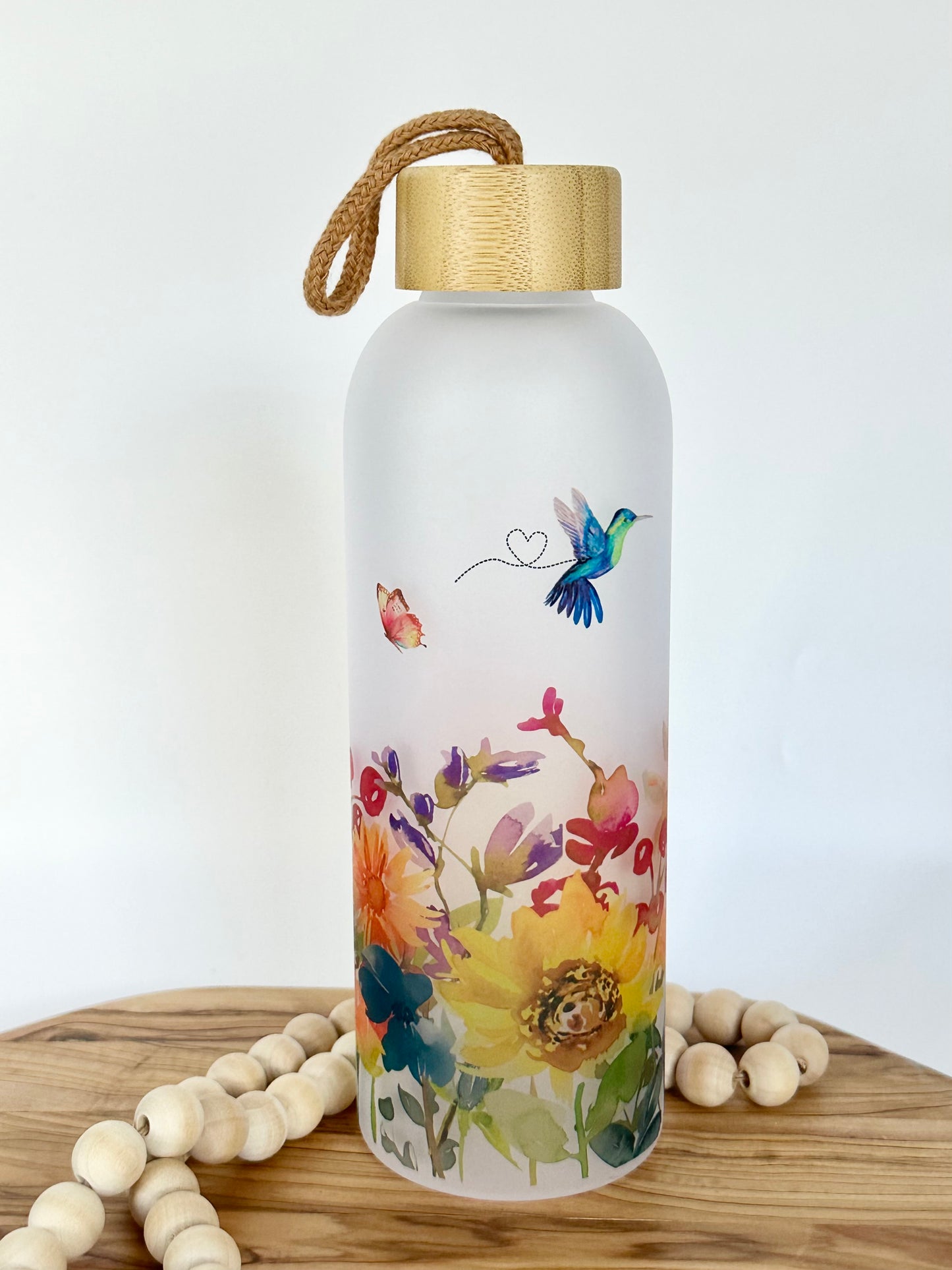 Hummingbird Glass Water Bottle