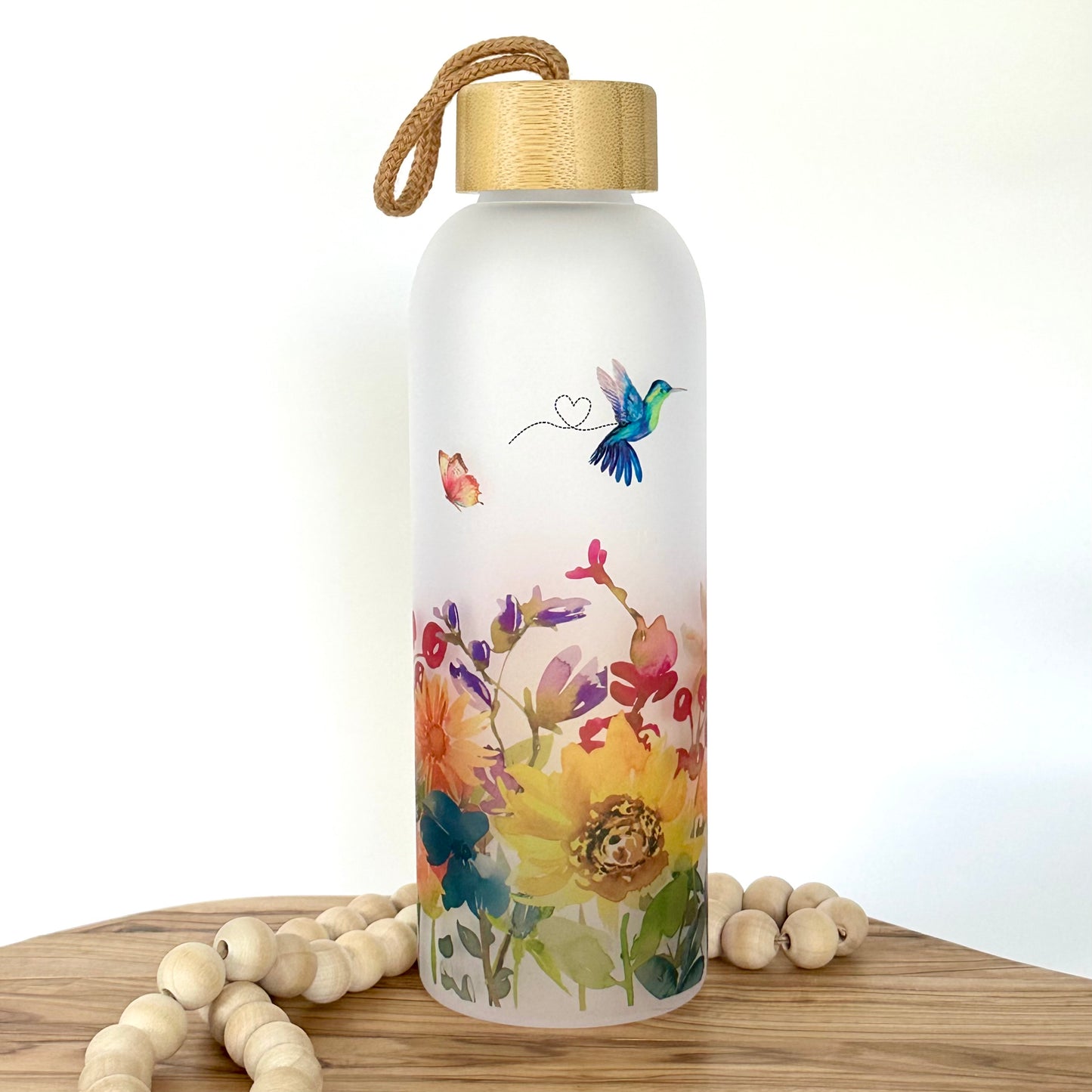 Hummingbird Glass Water Bottle