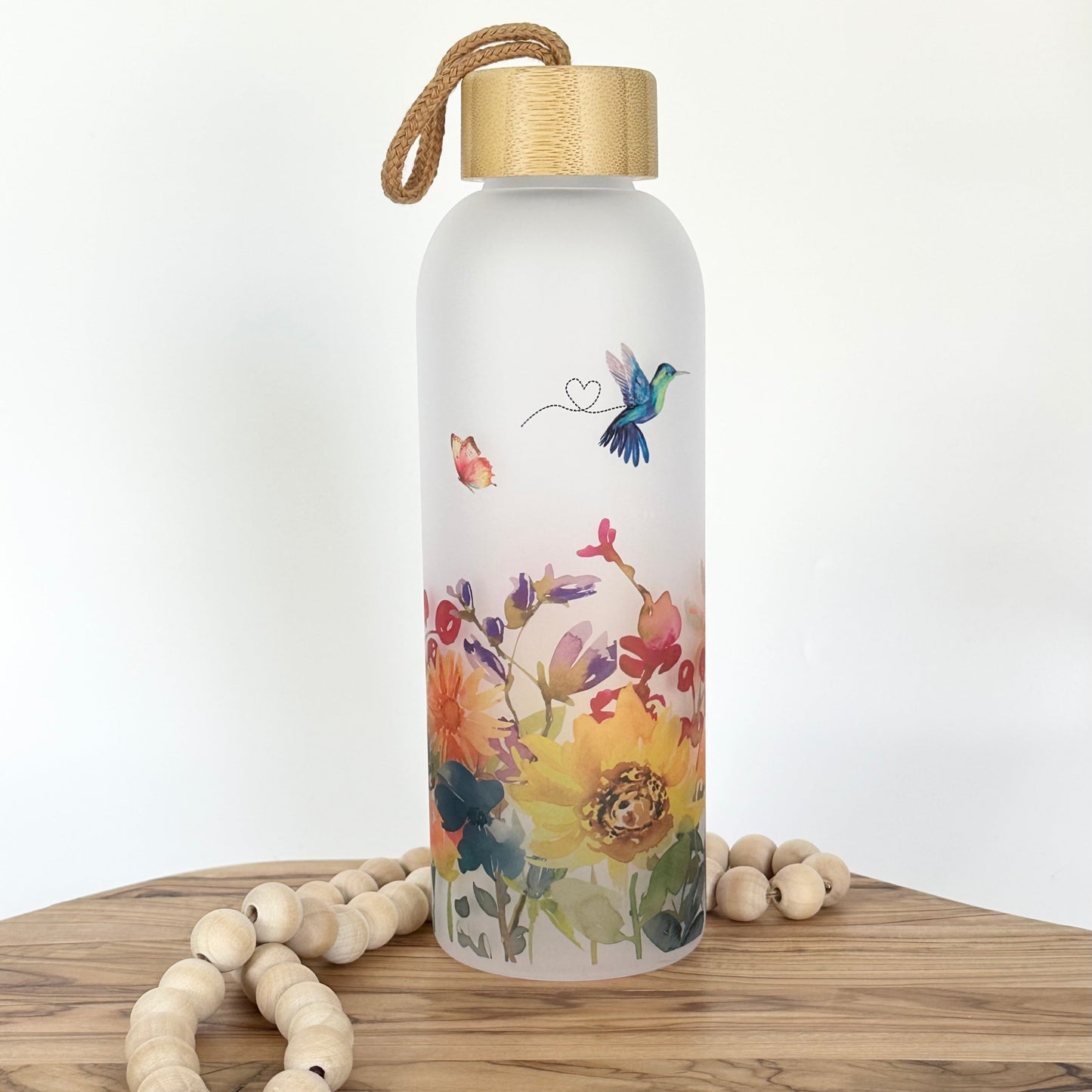 Hummingbird Glass Water Bottle