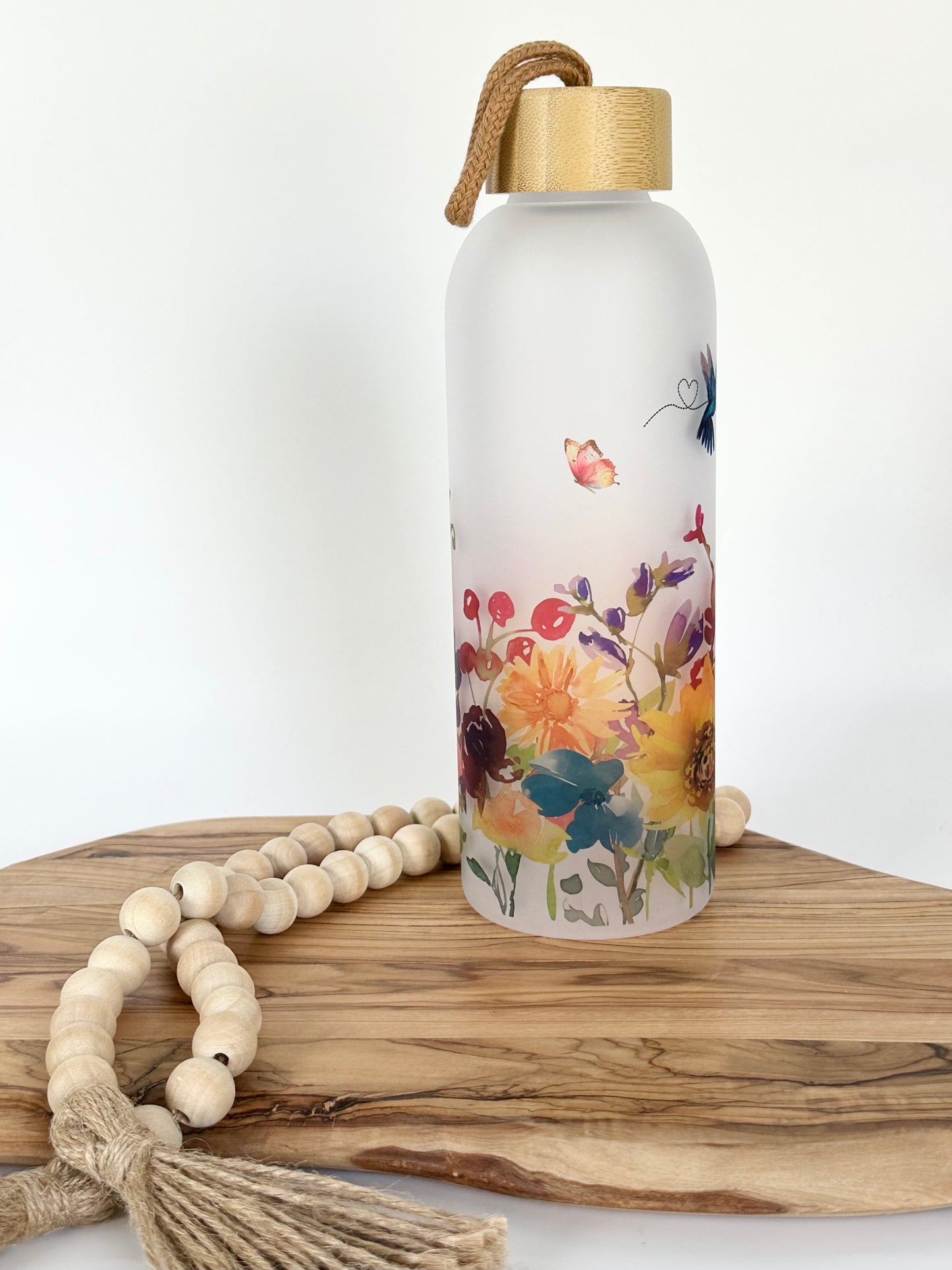 Hummingbird Glass Water Bottle