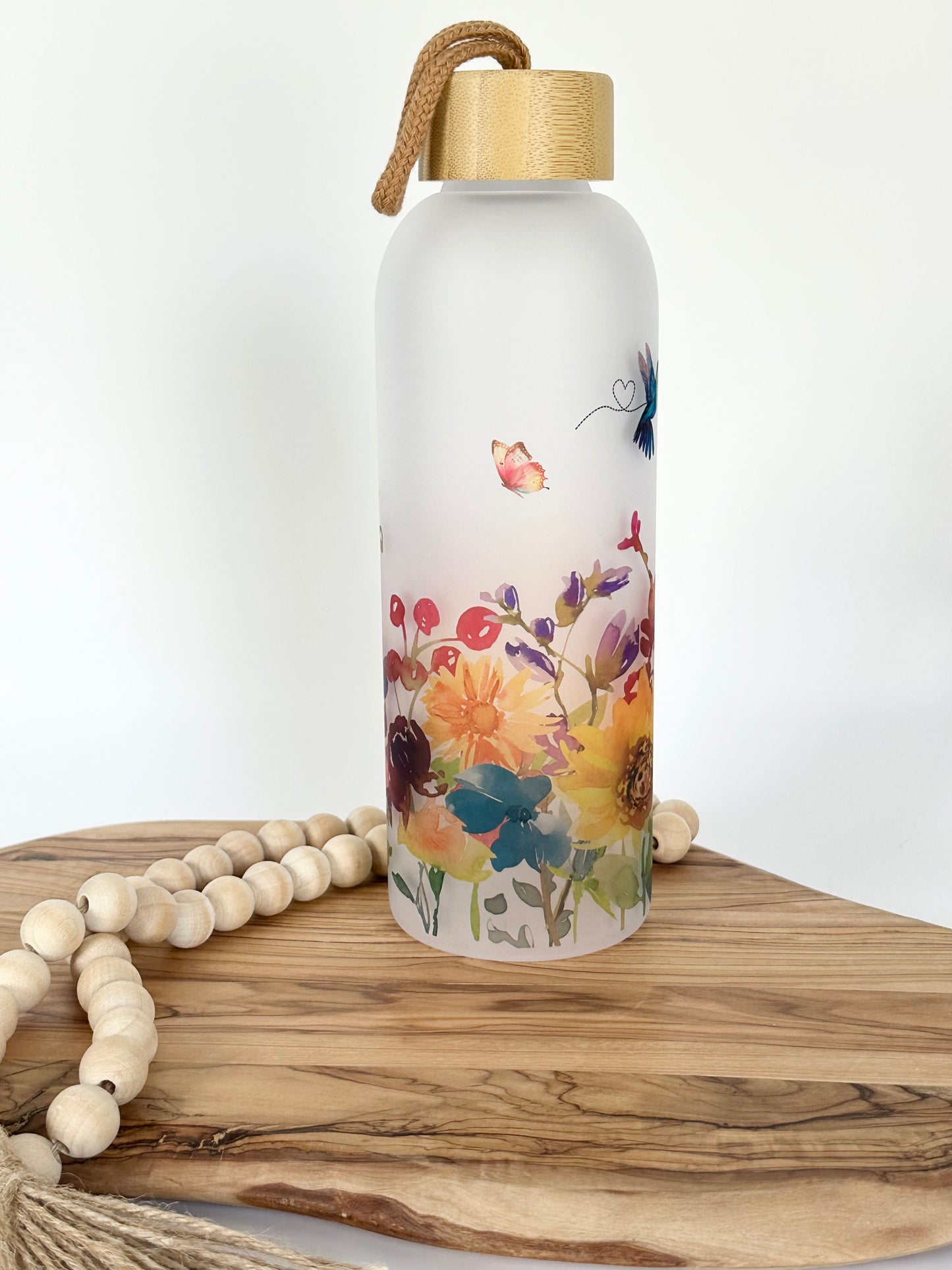 Hummingbird Glass Water Bottle