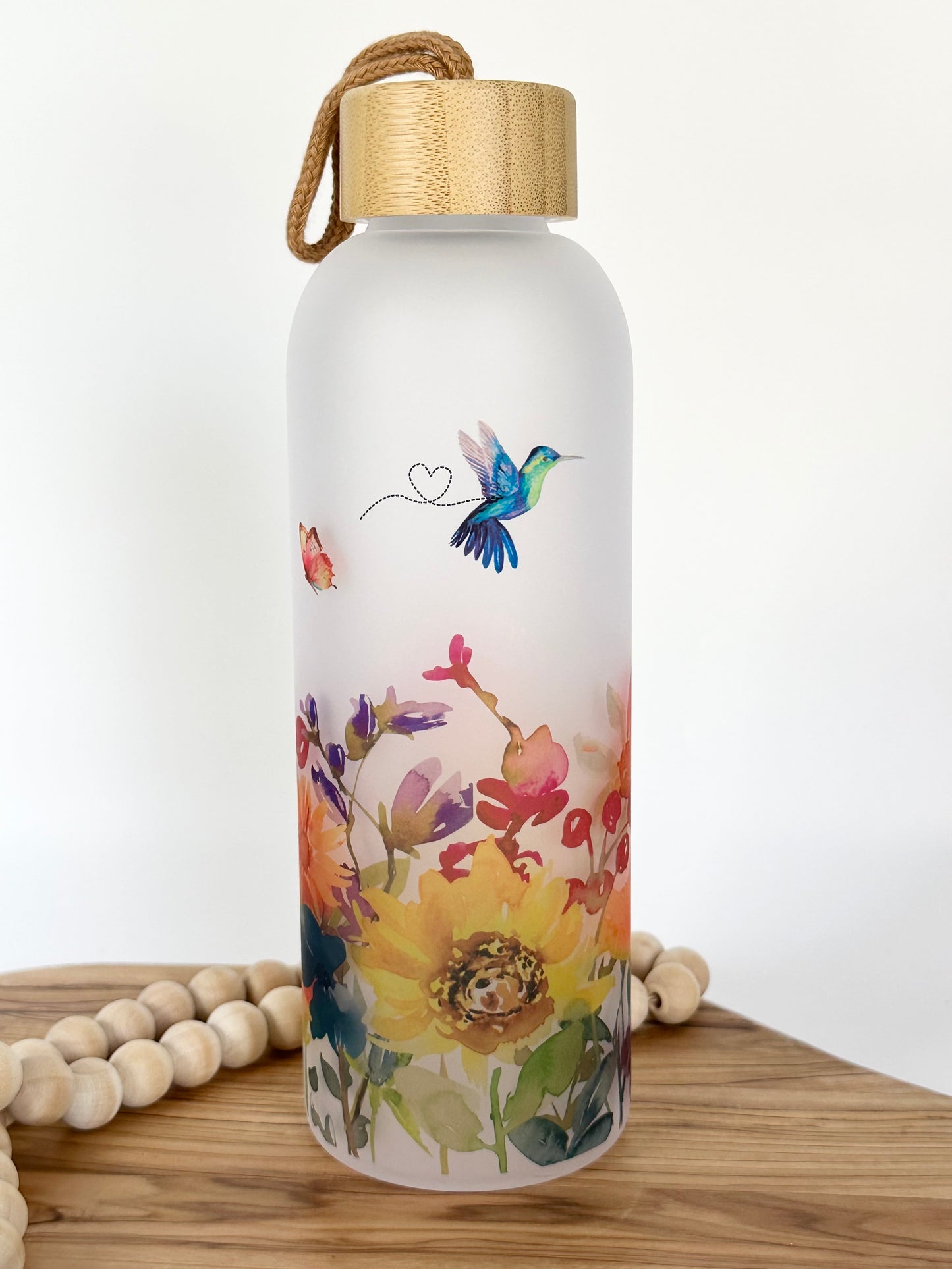 Hummingbird Glass Water Bottle