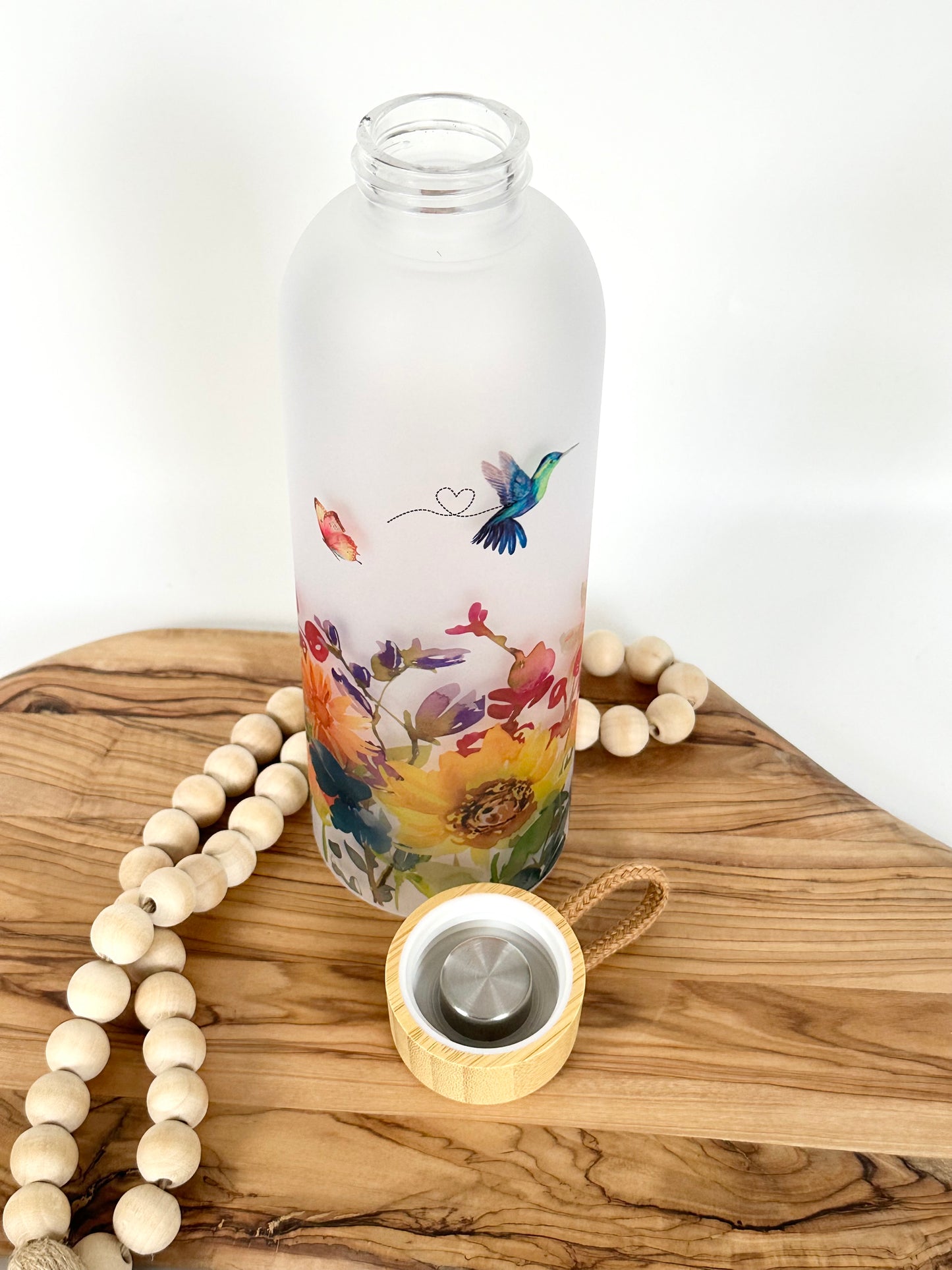 Hummingbird Glass Water Bottle