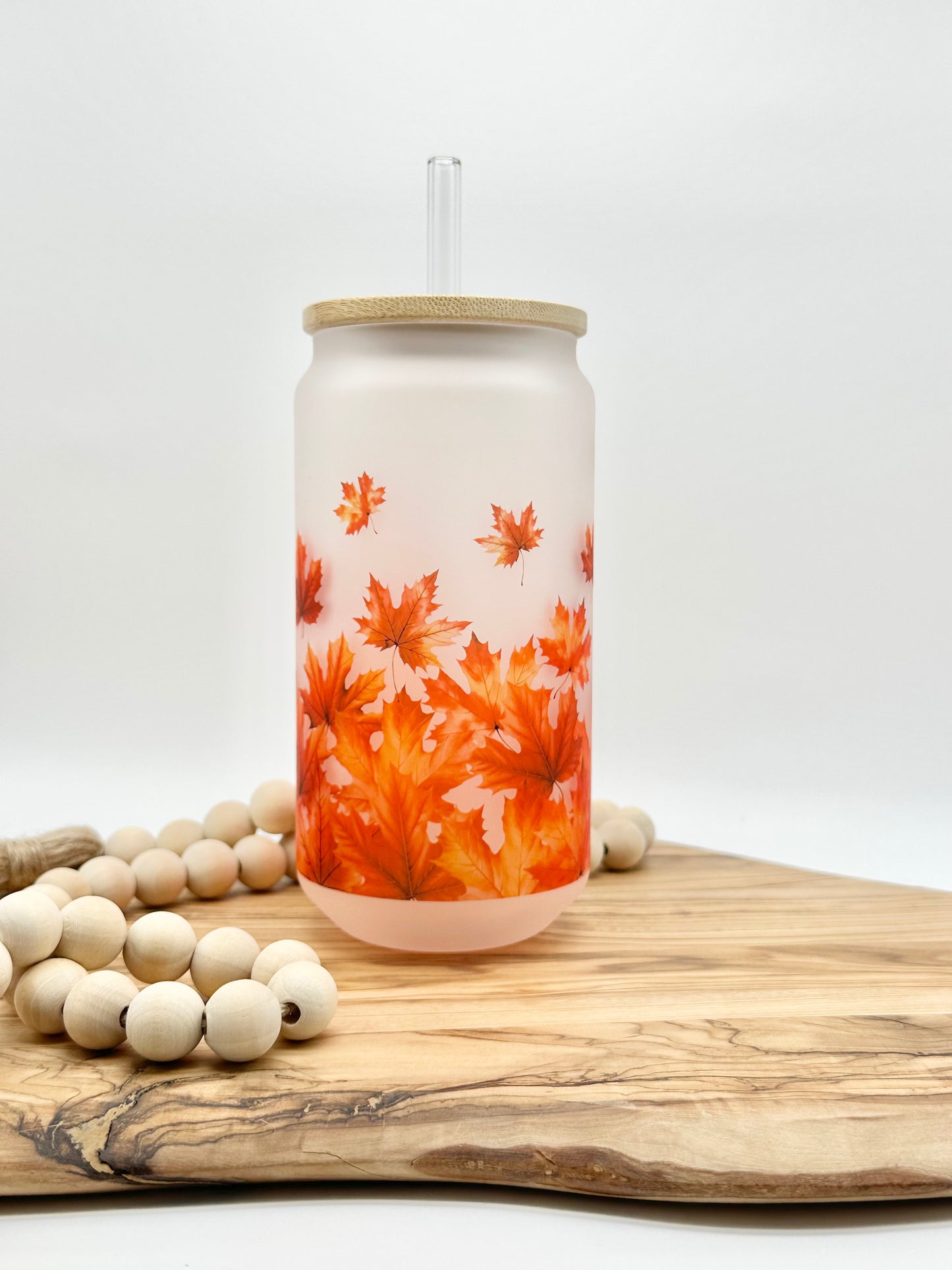 Fall Leaves Frosted Glass Cup with Bamboo Lid and Glass Straw