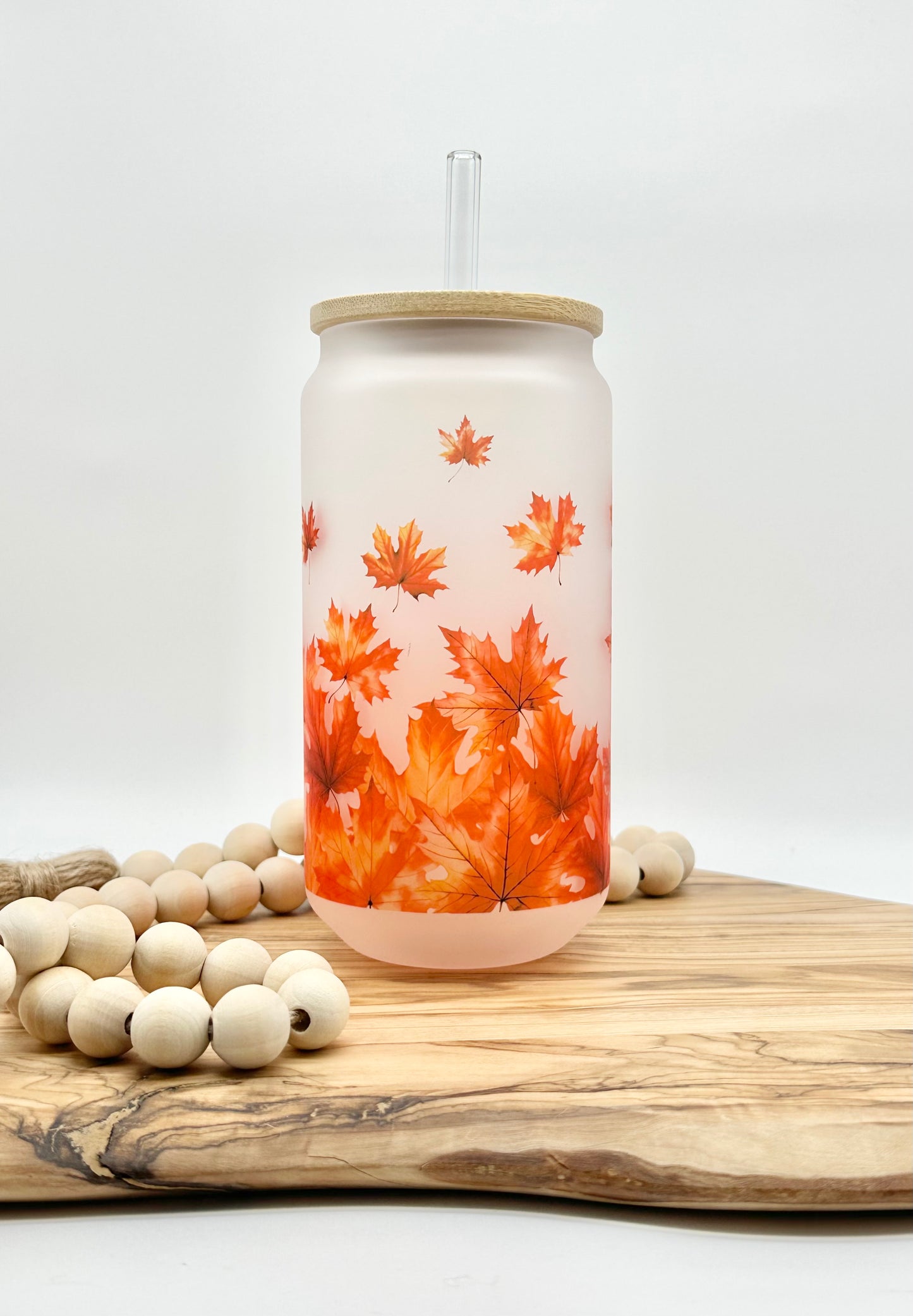 Fall Leaves Frosted Glass Cup with Bamboo Lid and Glass Straw