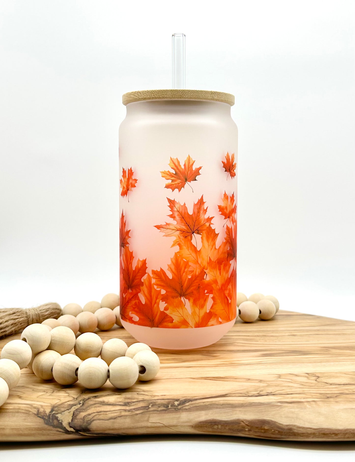 Fall Leaves Frosted Glass Cup with Bamboo Lid and Glass Straw