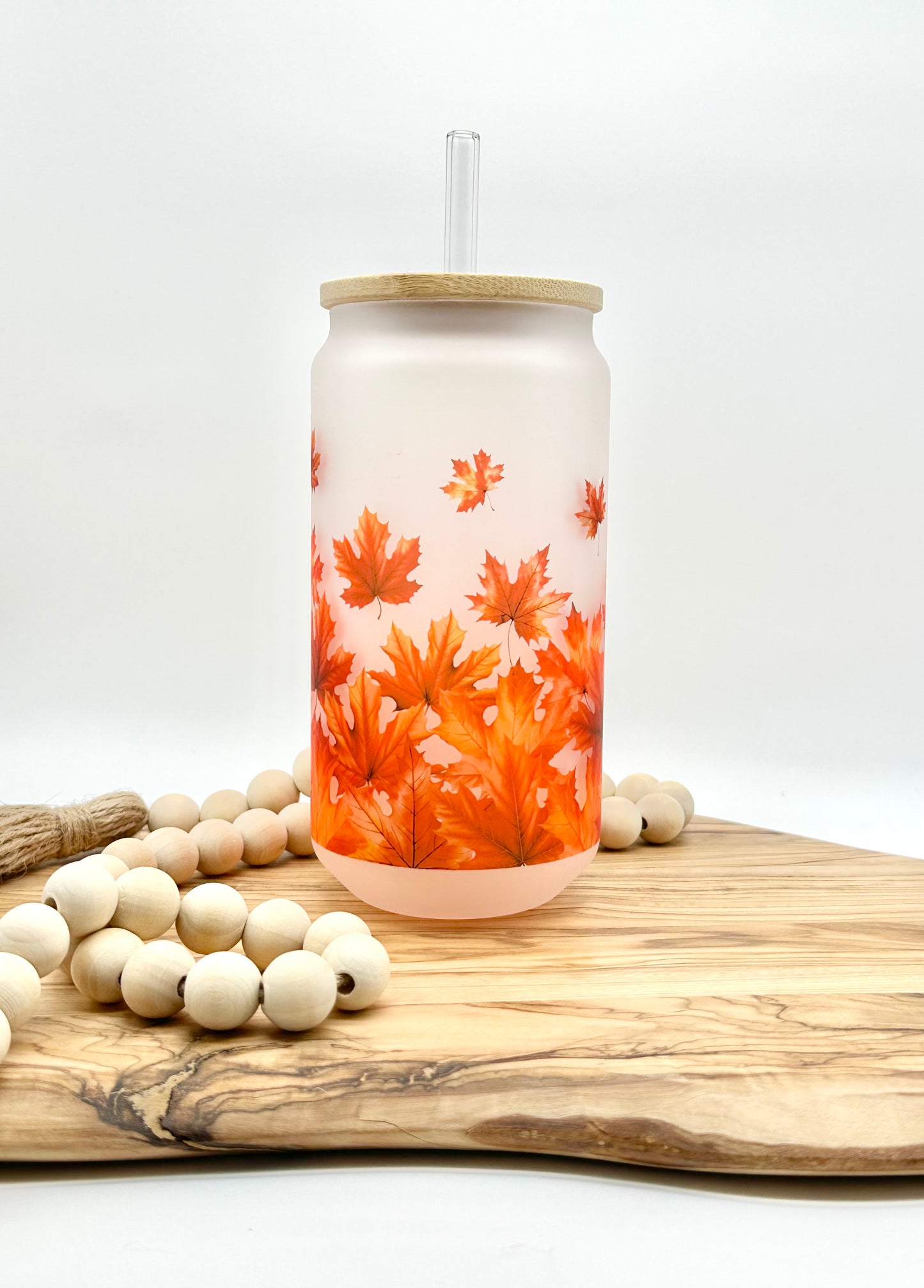 Fall Leaves Frosted Glass Cup with Bamboo Lid and Glass Straw
