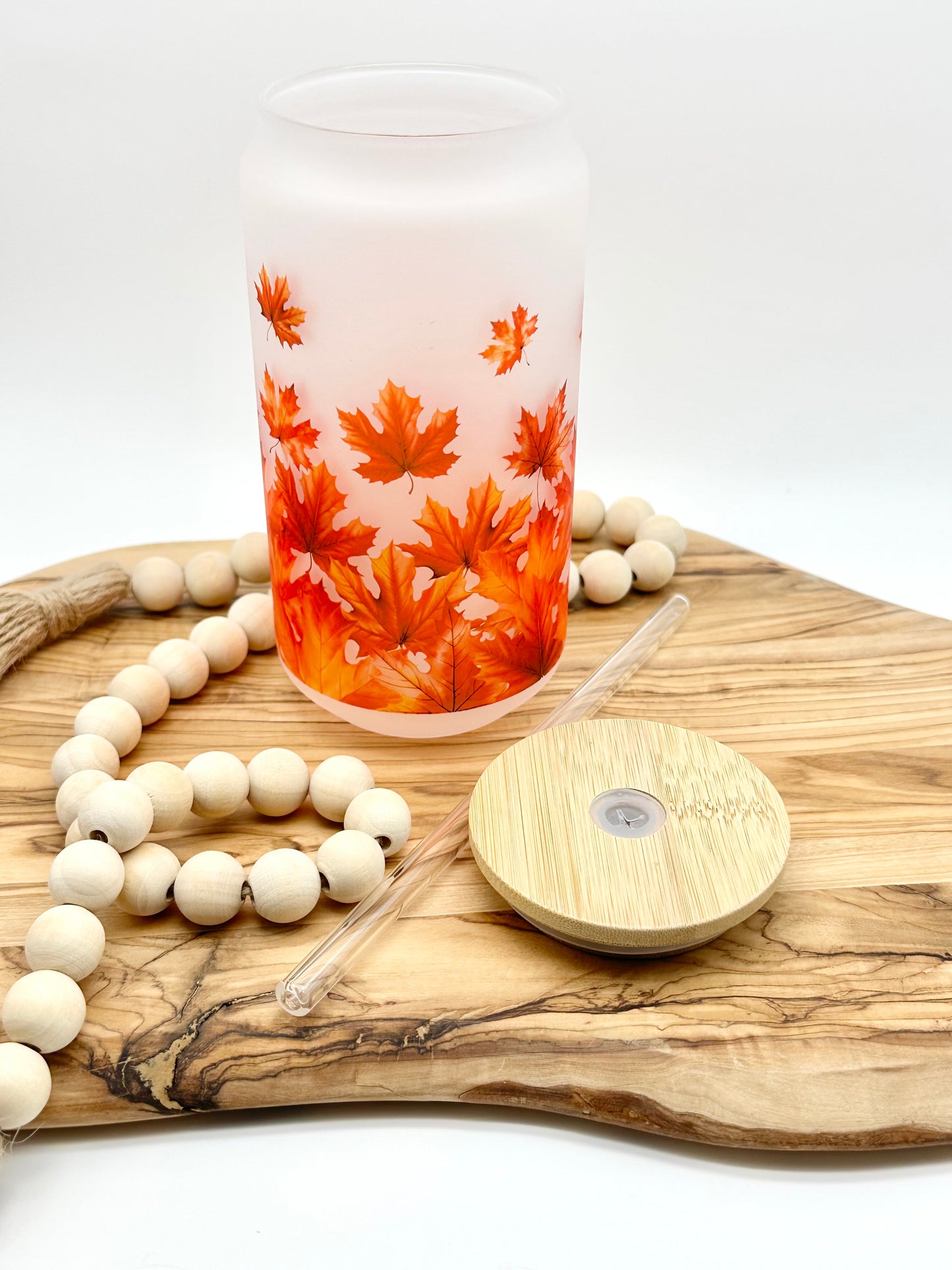 Fall Leaves Frosted Glass Cup with Bamboo Lid and Glass Straw