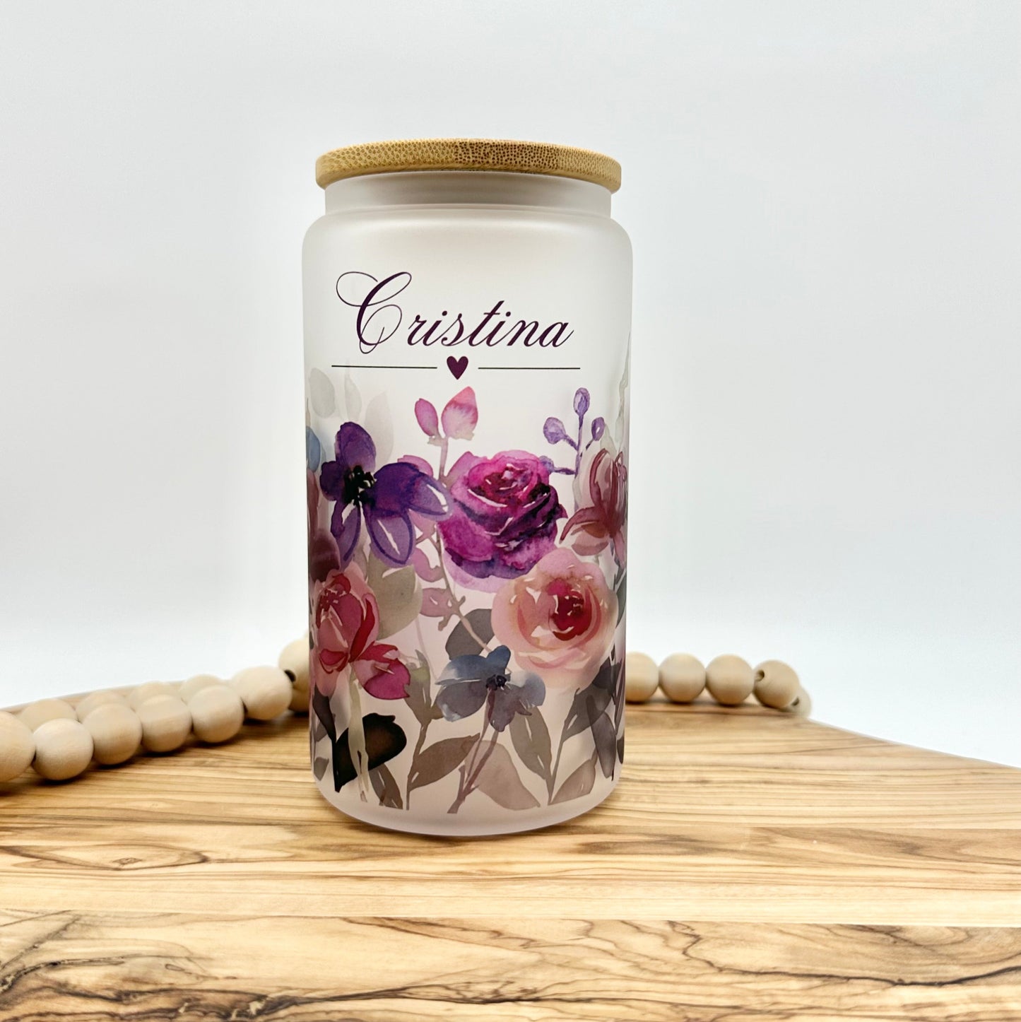 Personalized Purple Floral Frosted Glass Can