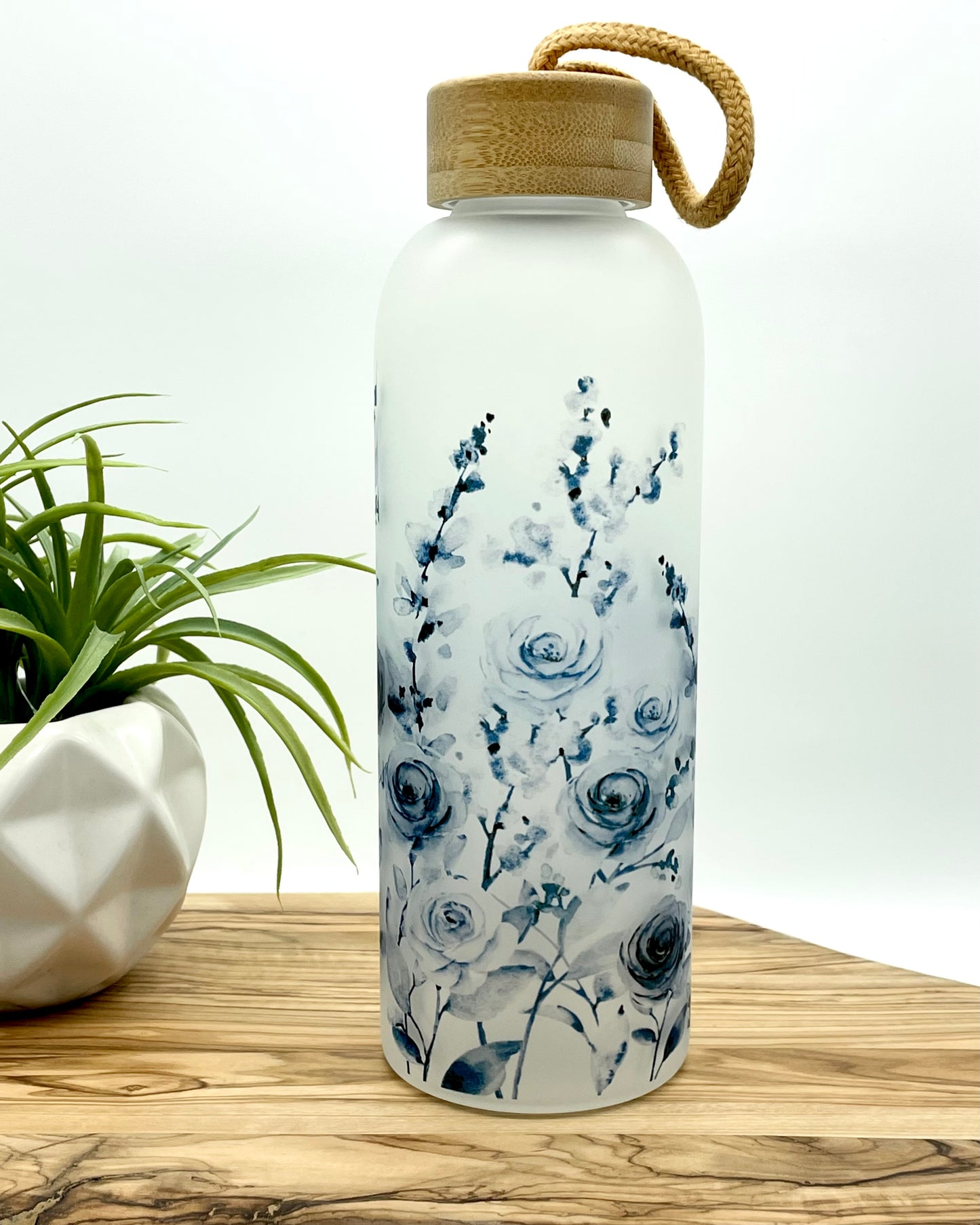Blue Floral Frosted Glass Water Bottle