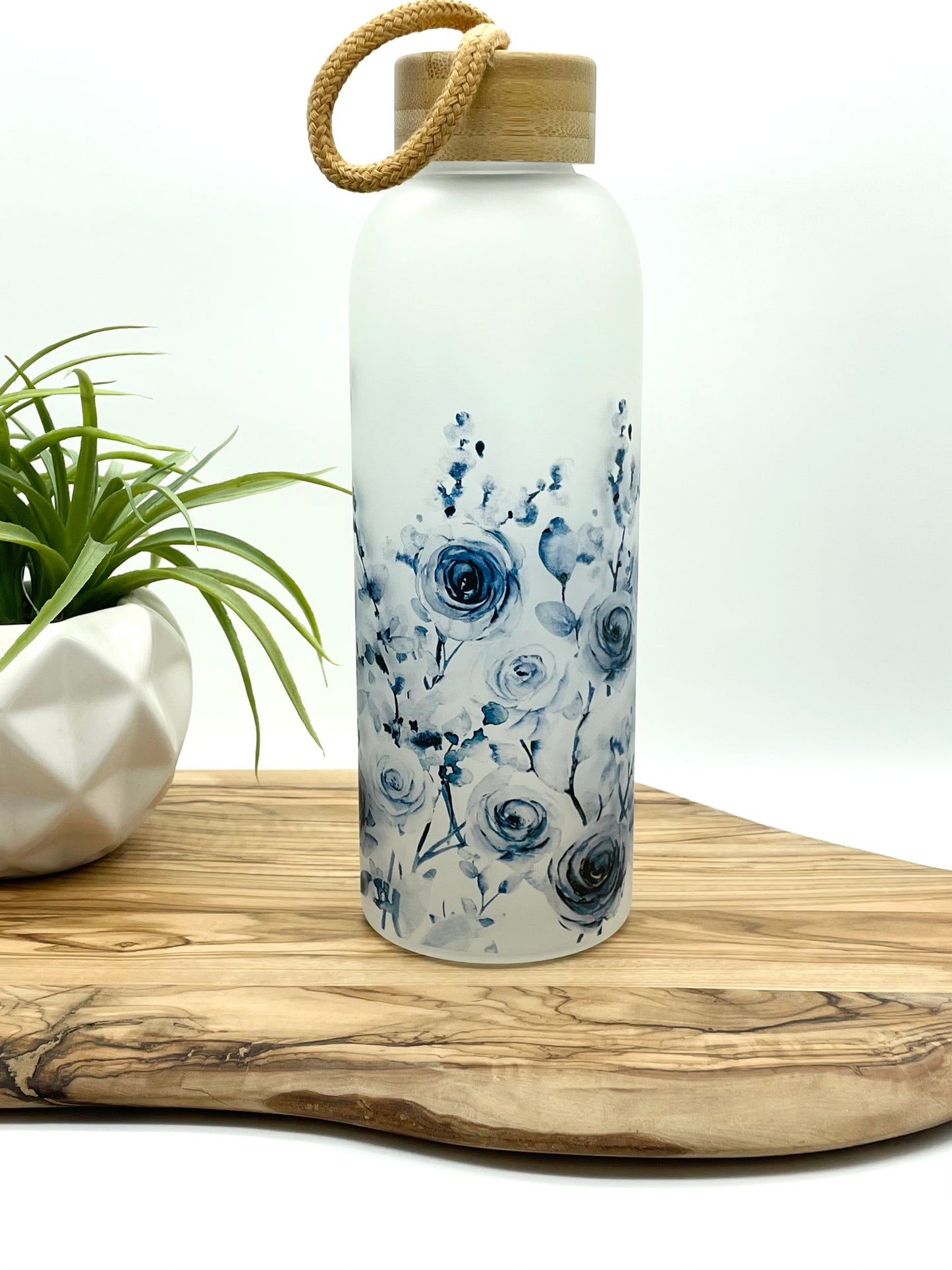 Blue Floral Frosted Glass Water Bottle