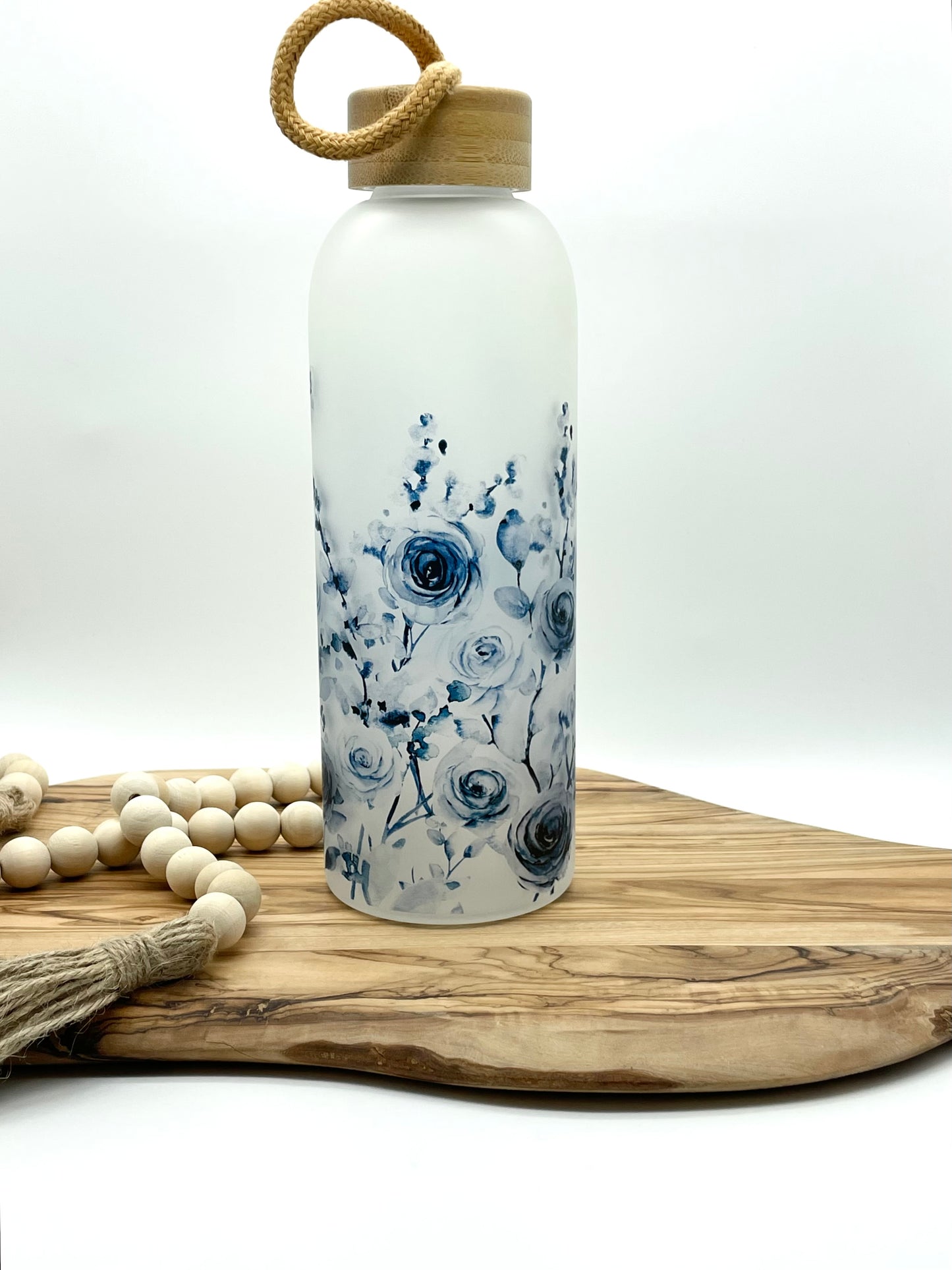 Blue Floral Frosted Glass Water Bottle