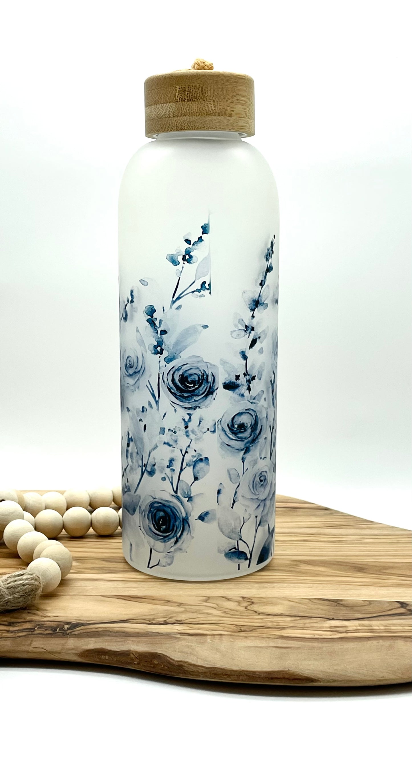 Blue Floral Frosted Glass Water Bottle