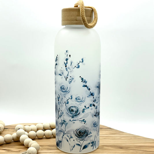 Blue Floral Frosted Glass Water Bottle