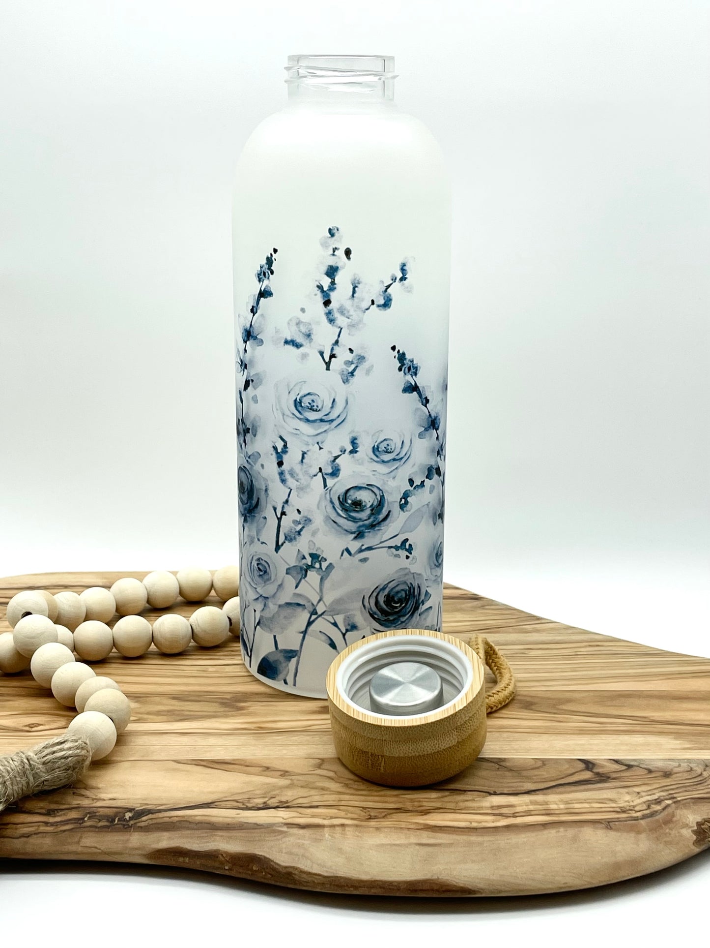 Blue Floral Frosted Glass Water Bottle