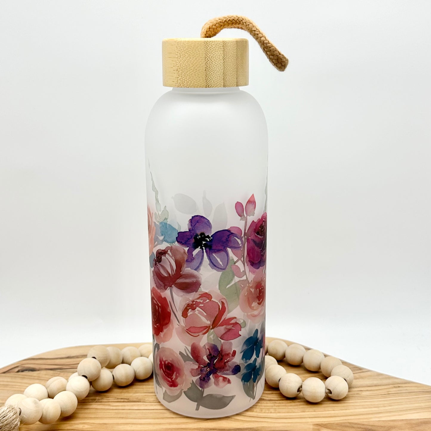 Purple Floral Glass Water Bottle