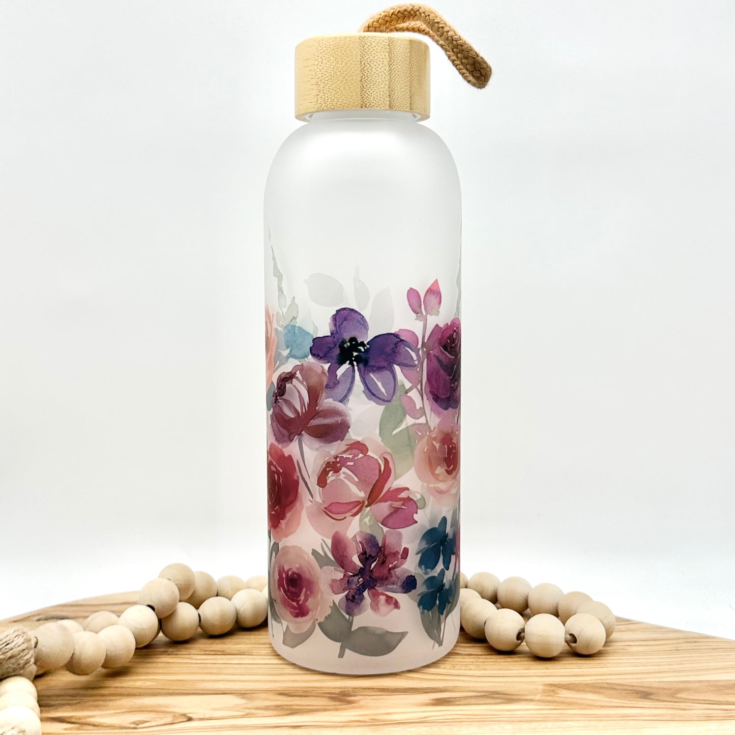 Purple Floral Glass Water Bottle