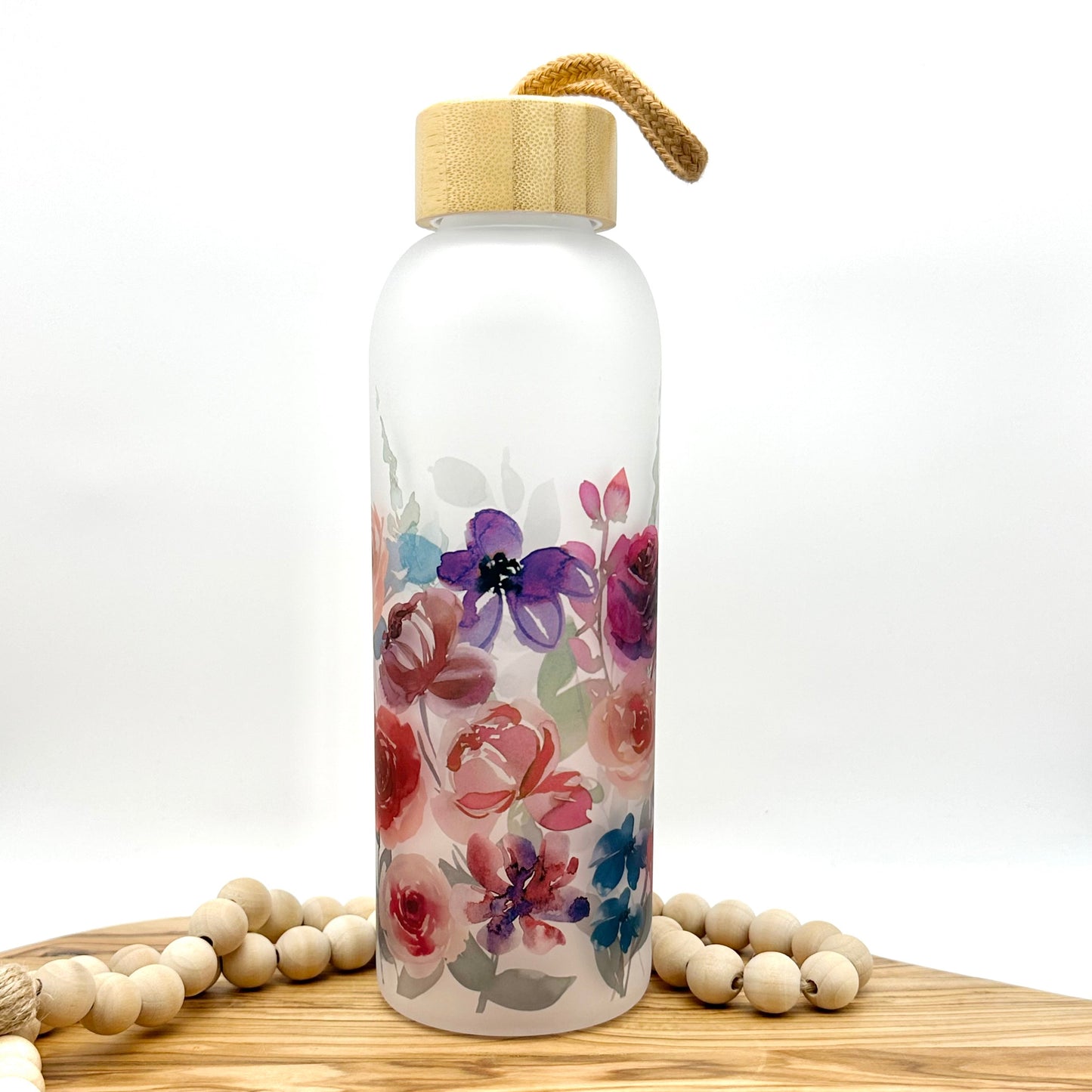 Purple Floral Glass Water Bottle