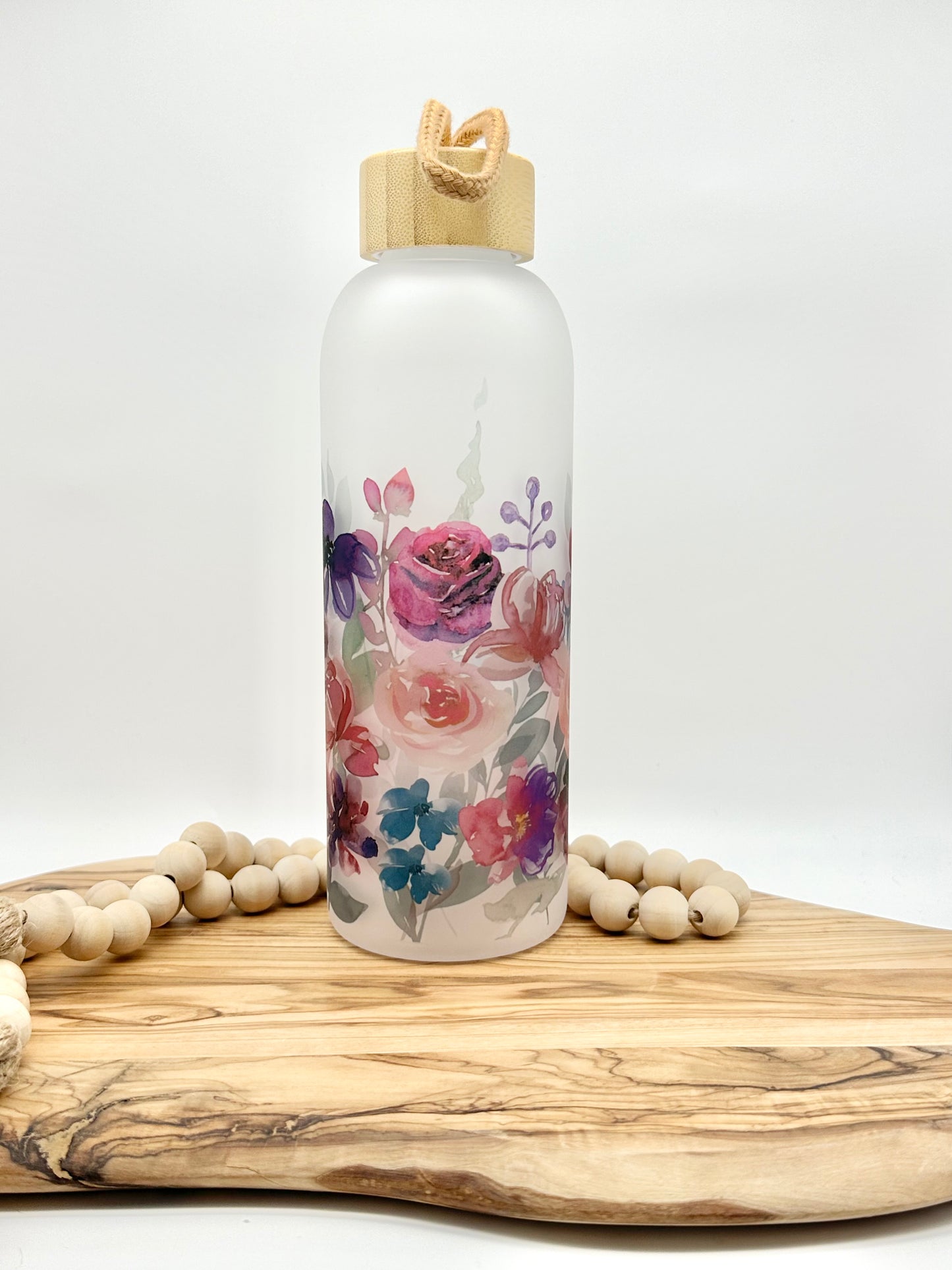 Purple Floral Glass Water Bottle