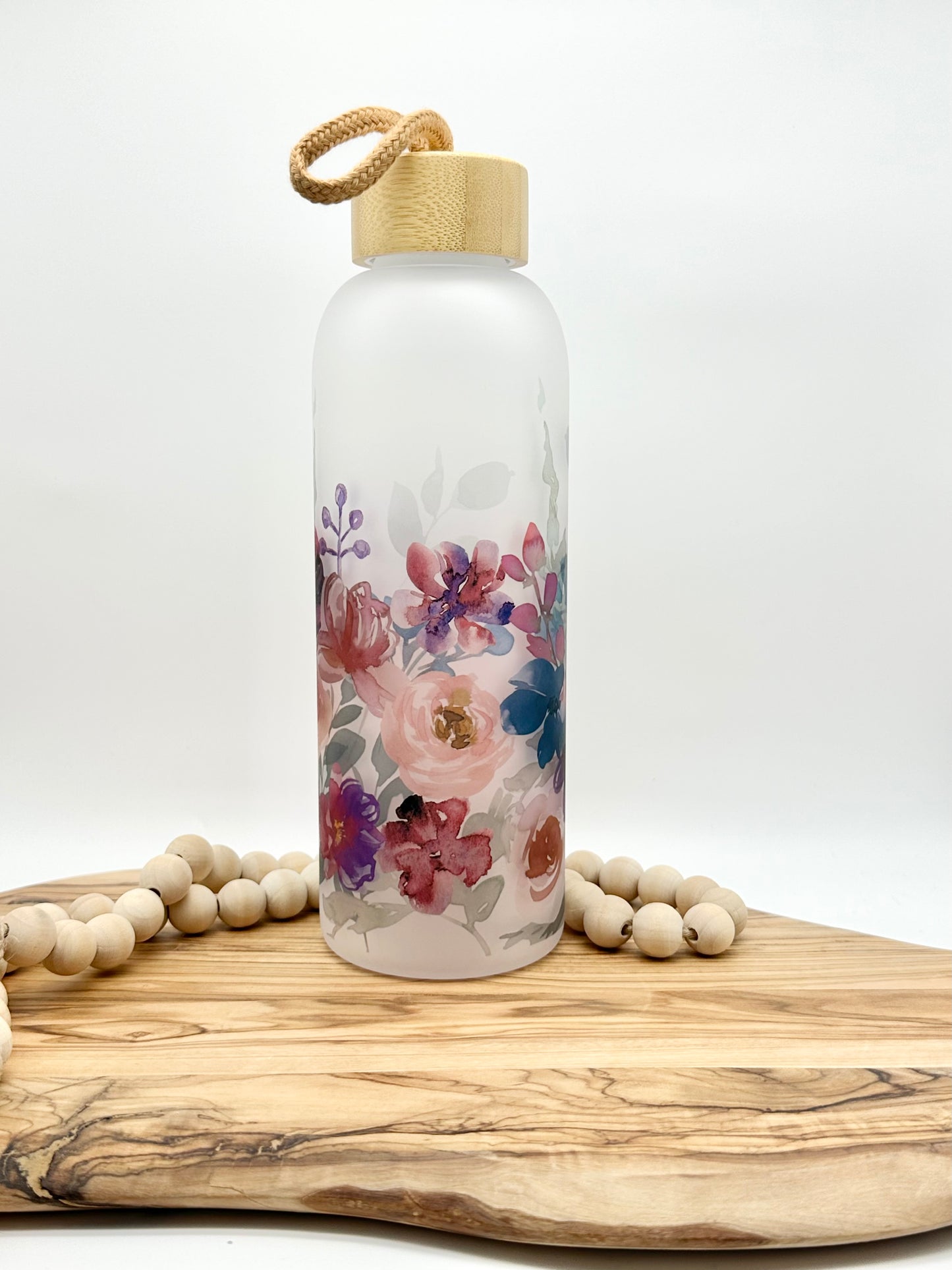Purple Floral Glass Water Bottle