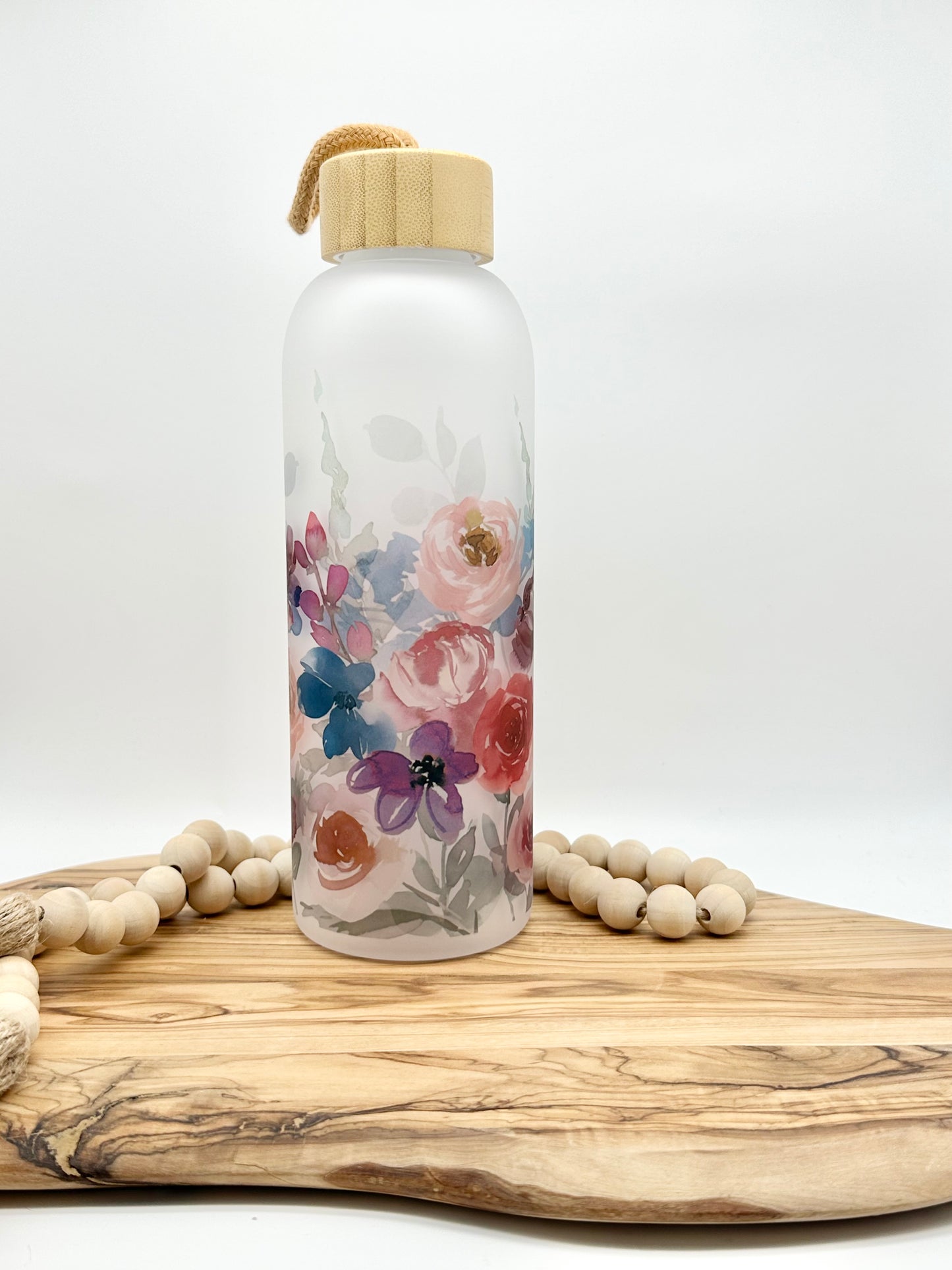 Purple Floral Glass Water Bottle