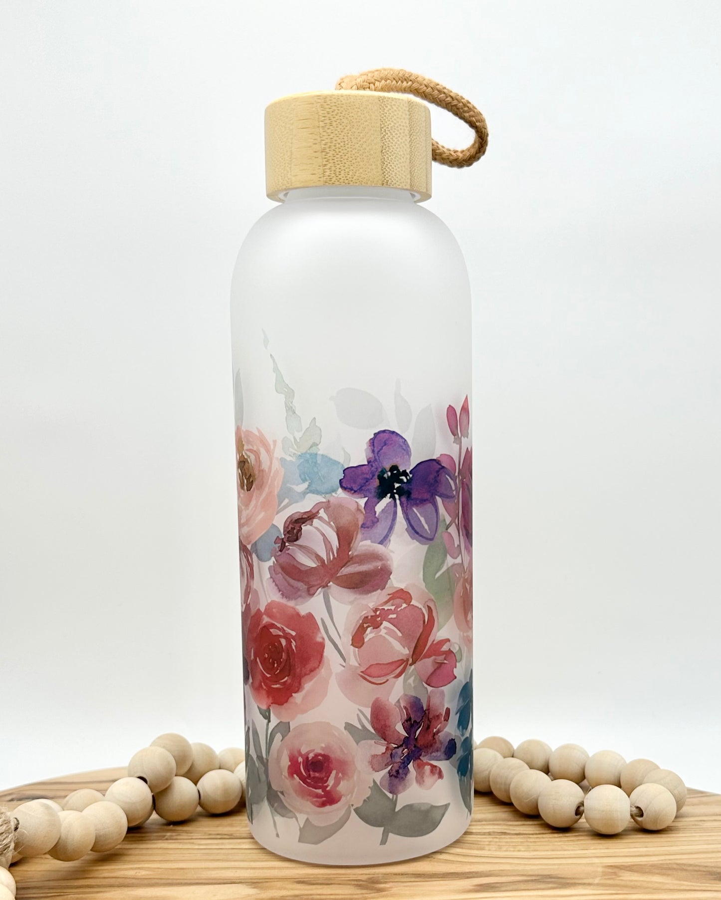 Purple Floral Glass Water Bottle