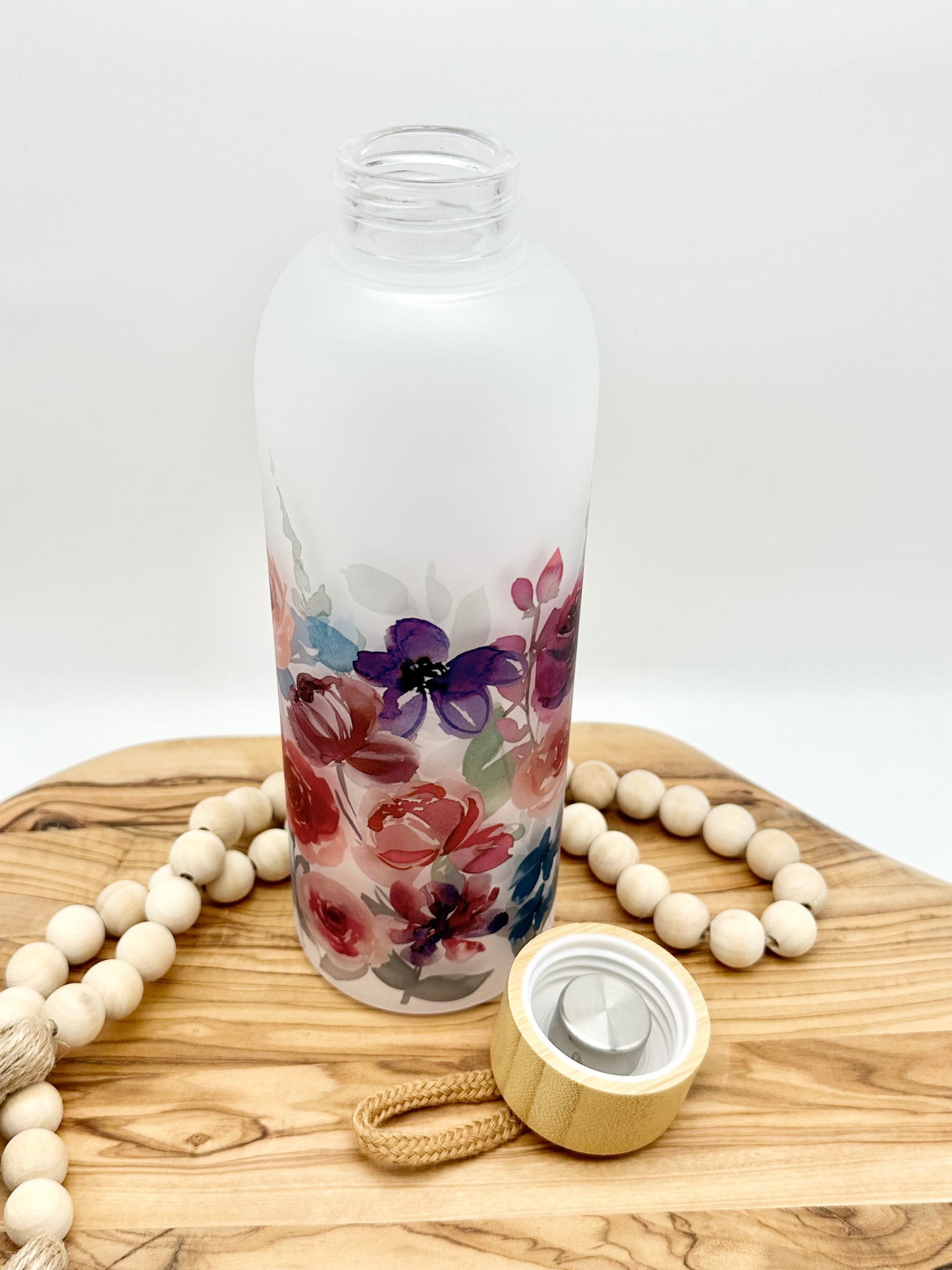 Purple Floral Glass Water Bottle