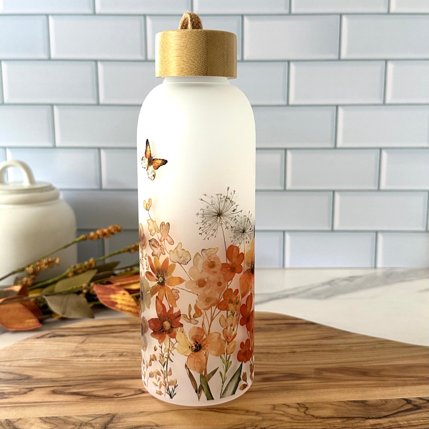 Fall Floral Glass Water Bottle