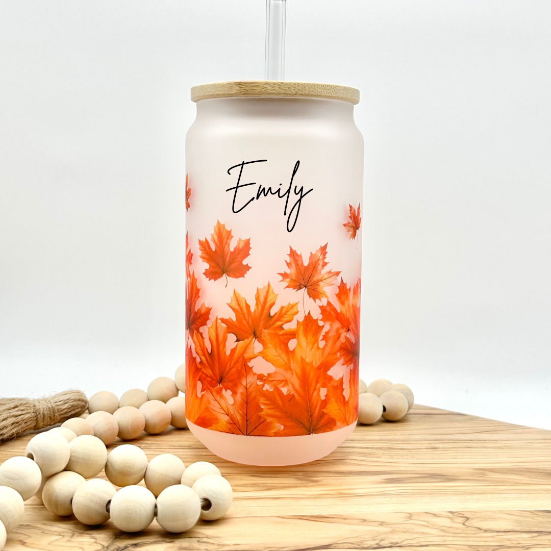 Fall Leaves Frosted Glass Cup with Bamboo Lid and Glass Straw