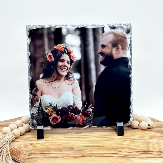Custom Rock Photo Slate – 7.8” Square Glossy Personalized Photo Stone with Stand