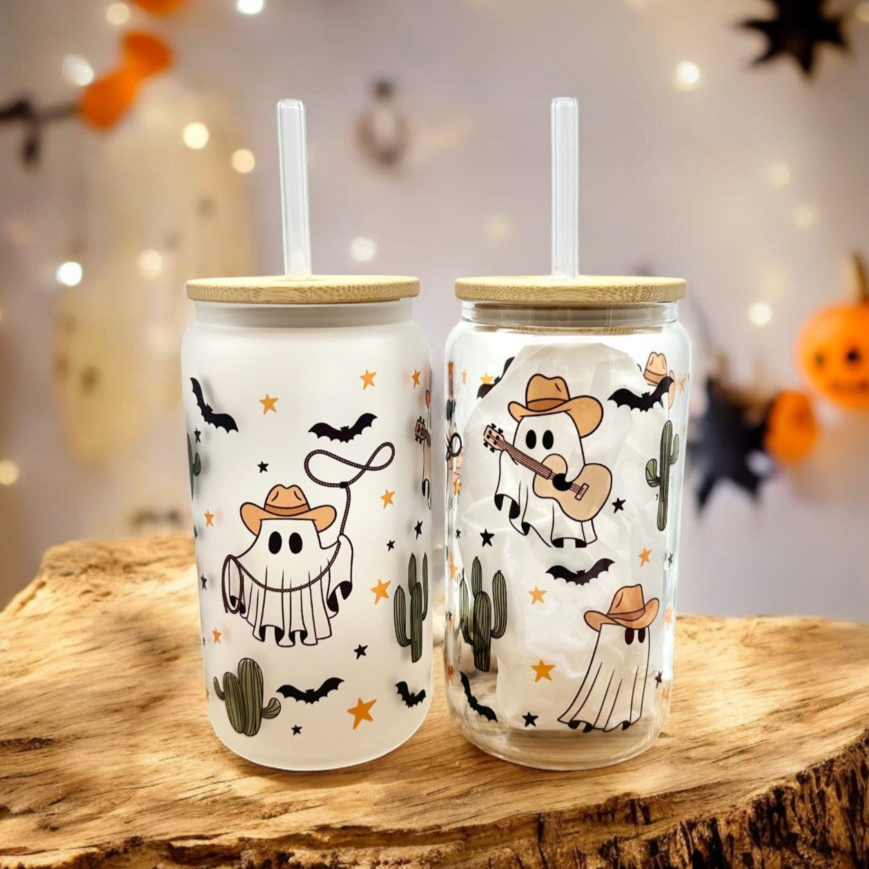 Halloween Glass Cowboy Ghost Tumbler Iced Coffee Cup