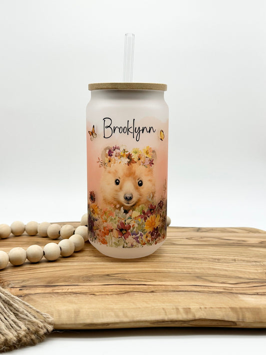 Personalized Quokka Iced Coffee Cup - 16oz Frosted Glass Tumbler with Lid and Straw