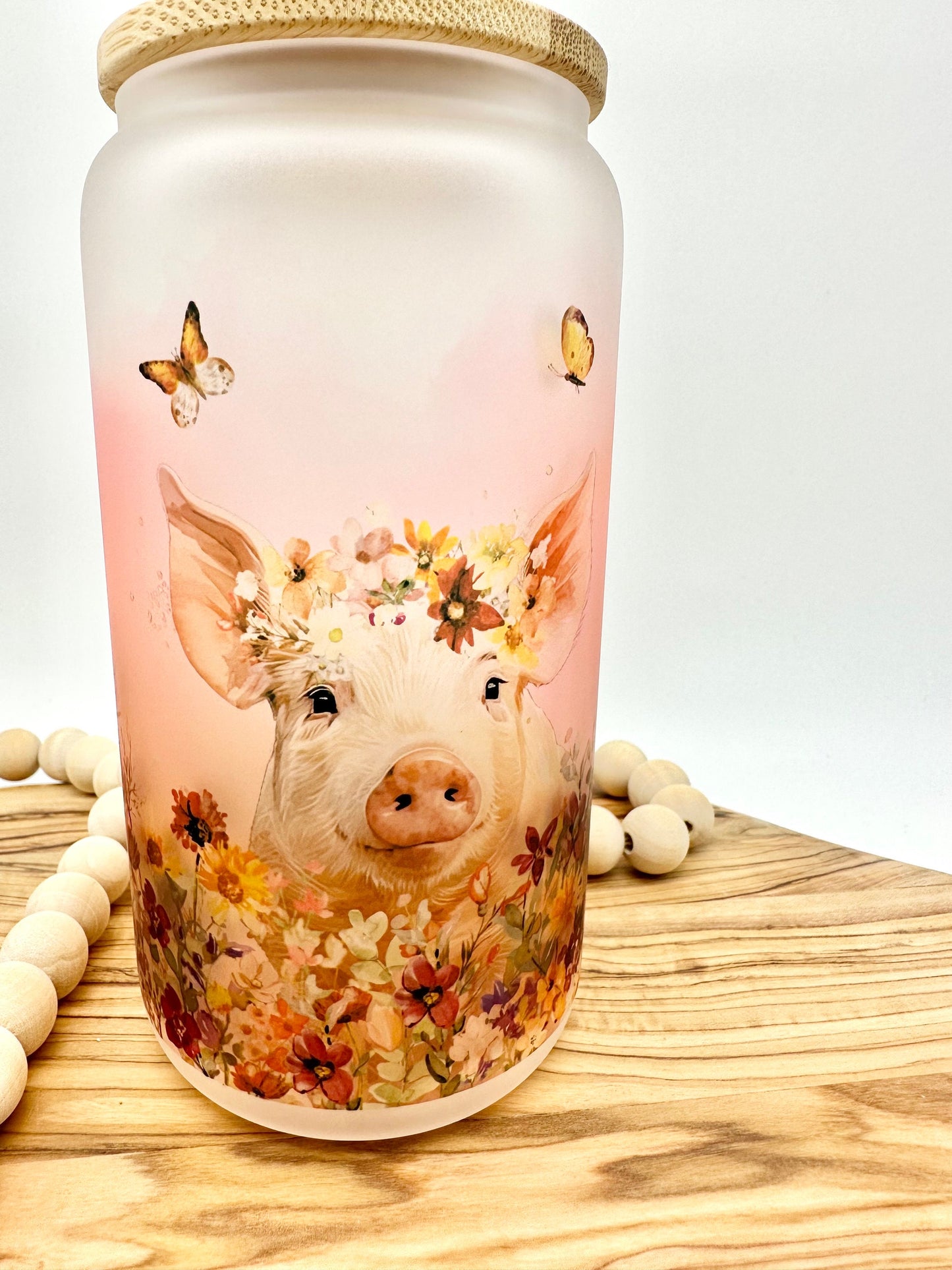 16oz Pig Iced Coffee Cup - Frosted Glass Tumbler with Lid and Straw