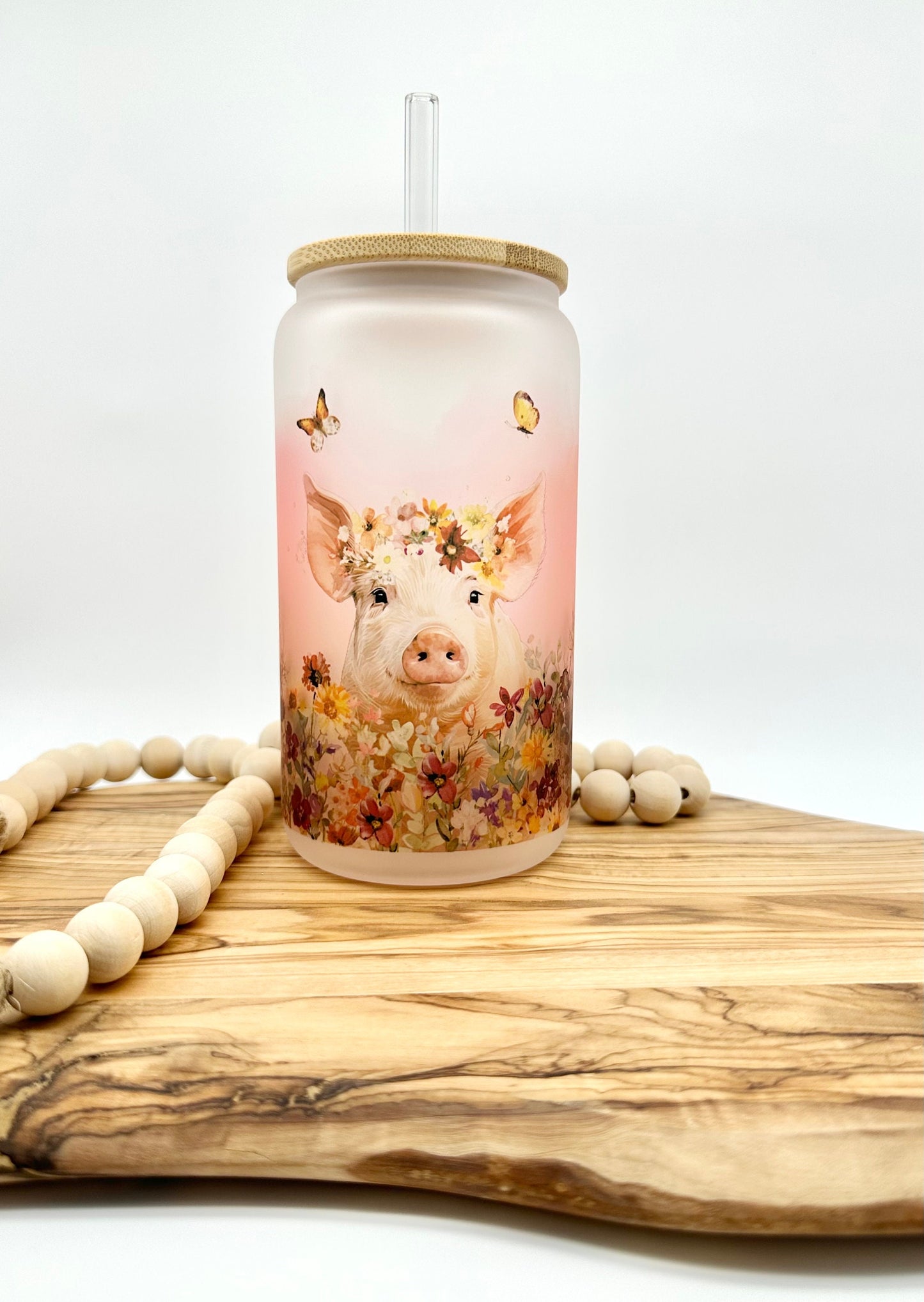 16oz Pig Iced Coffee Cup - Frosted Glass Tumbler with Lid and Straw
