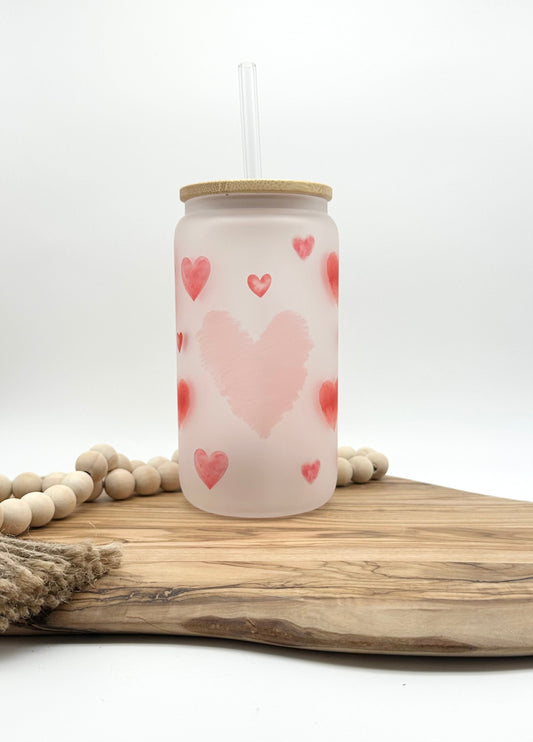 Valentine's Day Iced Coffee Glass with Lid - 16oz Frosted Glass Tumbler with Lid and Straw