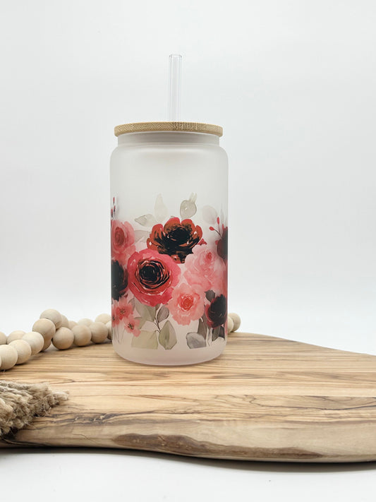 Pink Floral Iced Coffee Glass Tumbler with Lid and Straw - 16oz Personalized Iced Coffee Cup