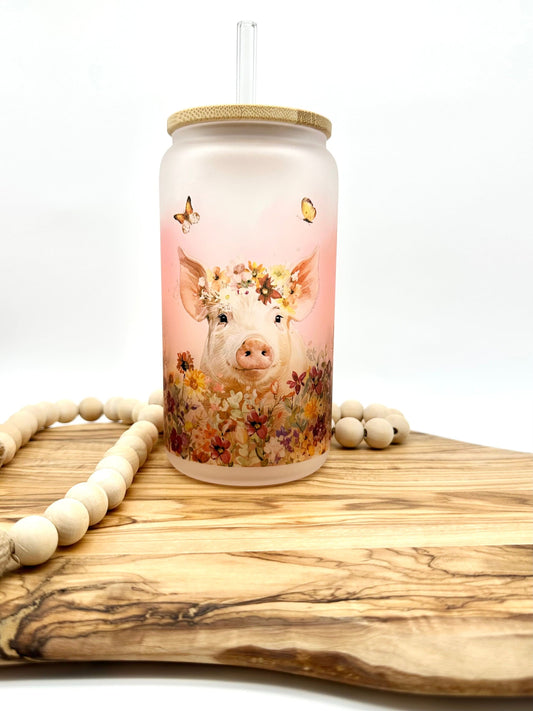 16oz Pig Iced Coffee Cup - Frosted Glass Tumbler with Lid and Straw