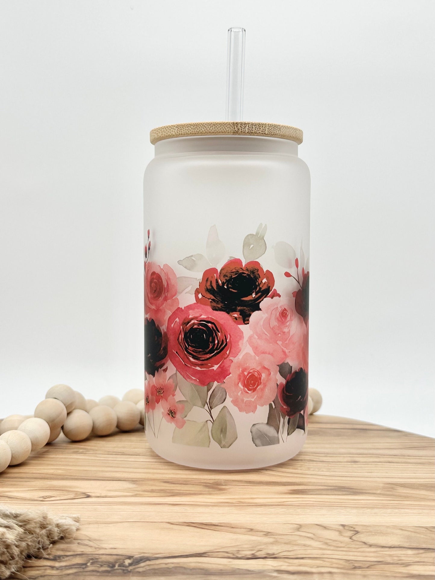 Pink Floral Iced Coffee Glass Tumbler with Lid and Straw - 16oz Personalized Iced Coffee Cup