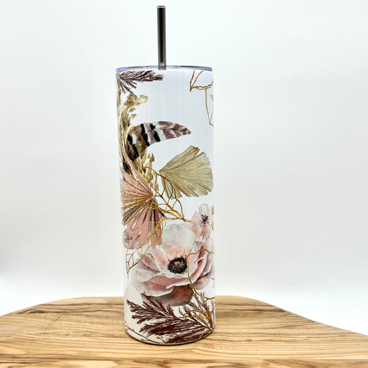20oz Pink Floral Tumbler with Lid and Straw - Insulated Stainless Steel