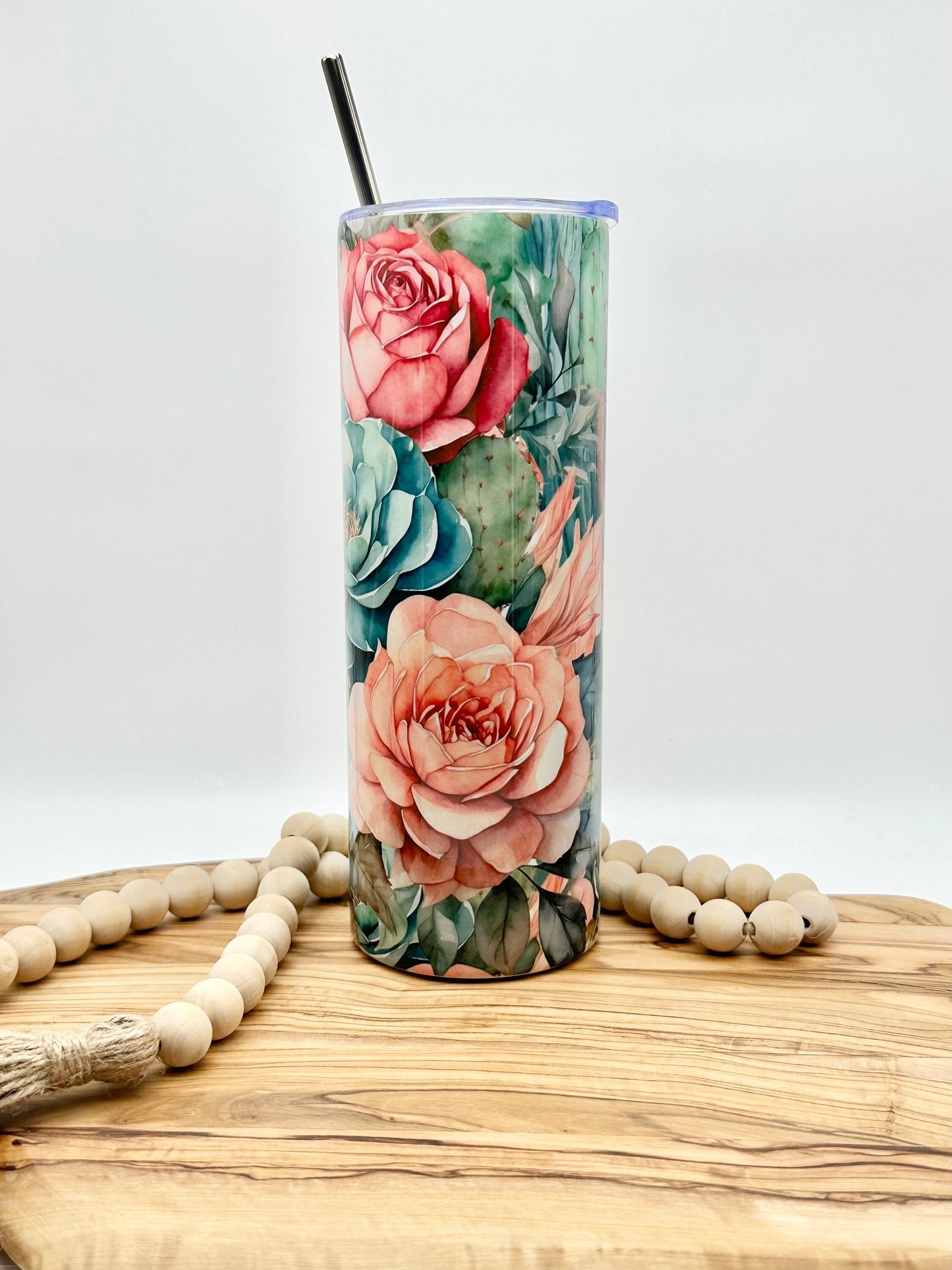 20oz Skinny Floral Cactus Tumbler - Insulated Stainless Steel Cup with Lid and Straw