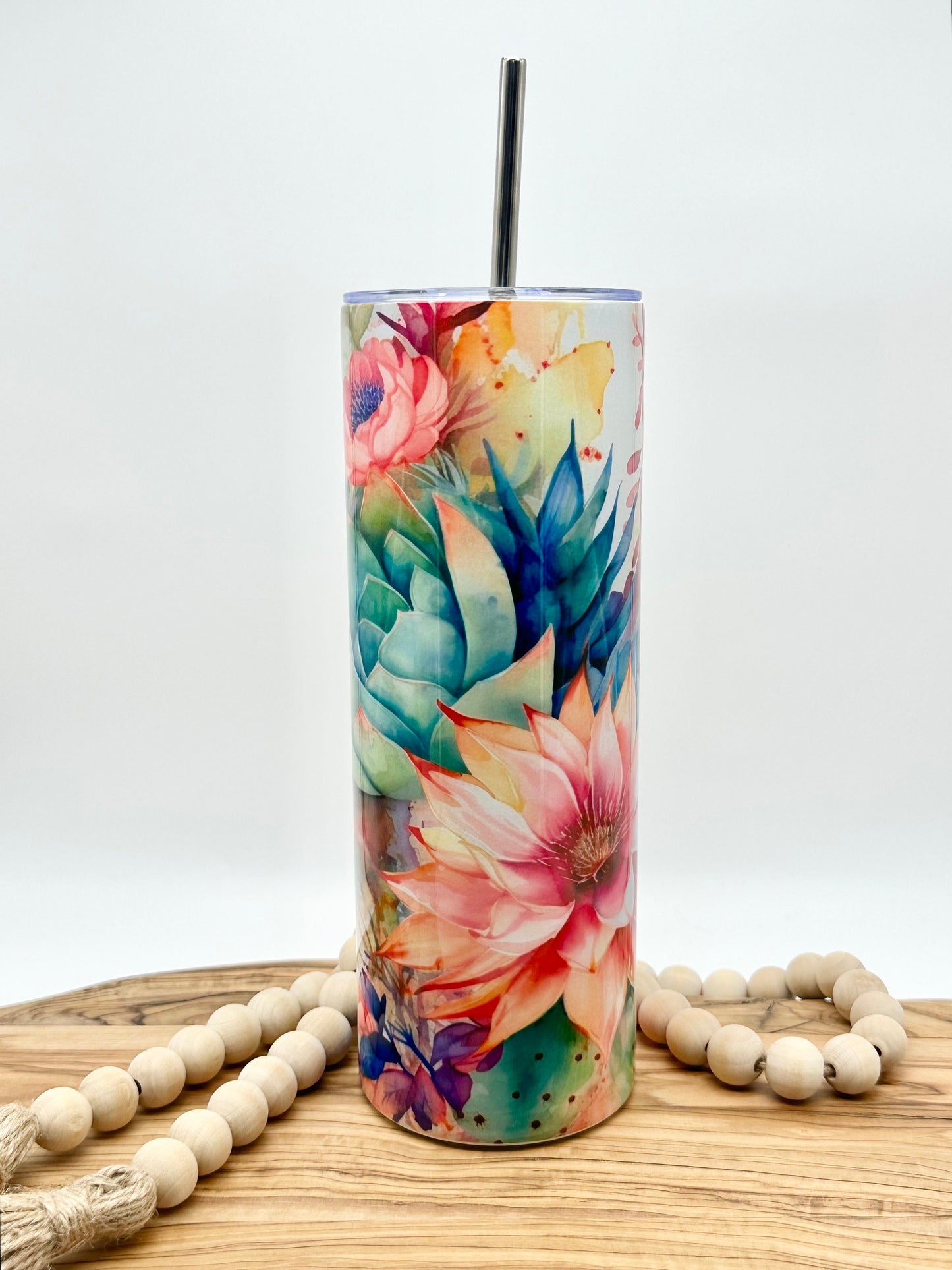 20oz Skinny Floral Cactus Tumbler - Insulated Stainless Steel Tumbler with Lid and Straw