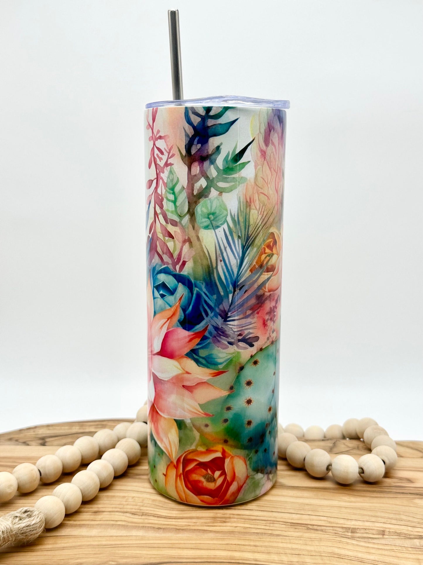 20oz Skinny Floral Cactus Tumbler - Insulated Stainless Steel Tumbler with Lid and Straw