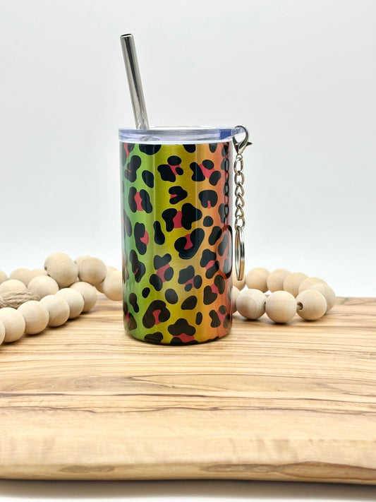 3oz Rainbow Leopard Shot Glass Keychain - Insulated Stainless Steel Mini Tumbler
